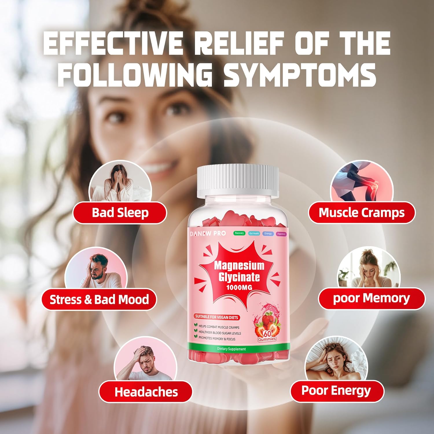 Sugar-Free Magnesium Glycinate Gummies with Vitamin D, B6, & CoQ10 - 1000mg Potassium Supplement for Calm Mood & Sleep Support - 120 Strawberry Gummies