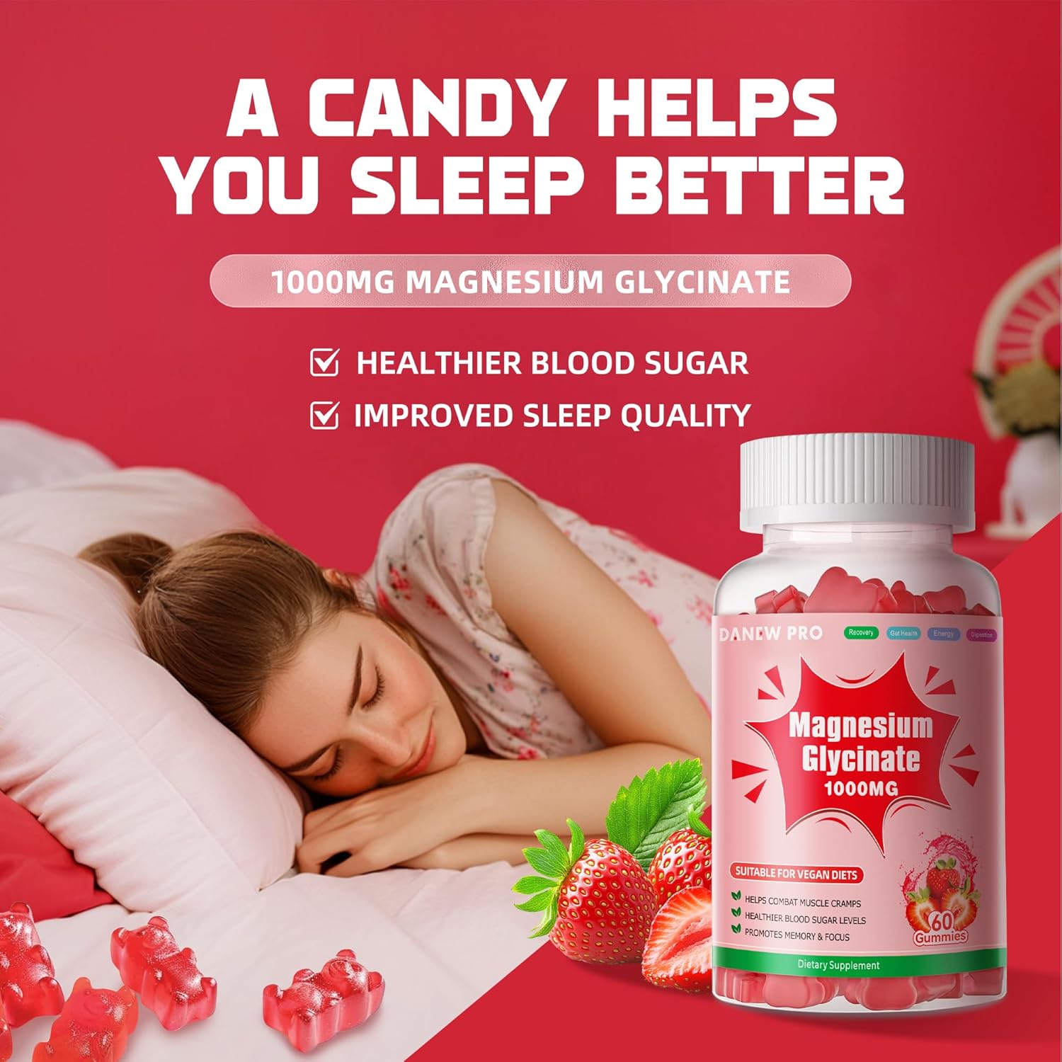 Sugar-Free Magnesium Glycinate Gummies with Vitamin D, B6, & CoQ10 - 1000mg Potassium Supplement for Calm Mood & Sleep Support - 120 Strawberry Gummies