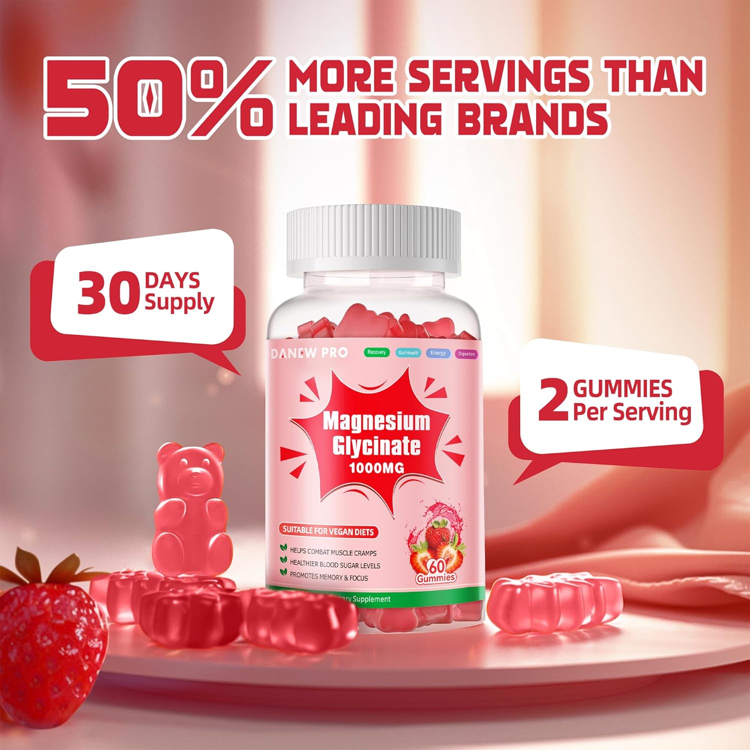 Sugar-Free Magnesium Glycinate Gummies with Vitamin D, B6, & CoQ10 - 1000mg Potassium Supplement for Calm Mood & Sleep Support - 120 Strawberry Gummies