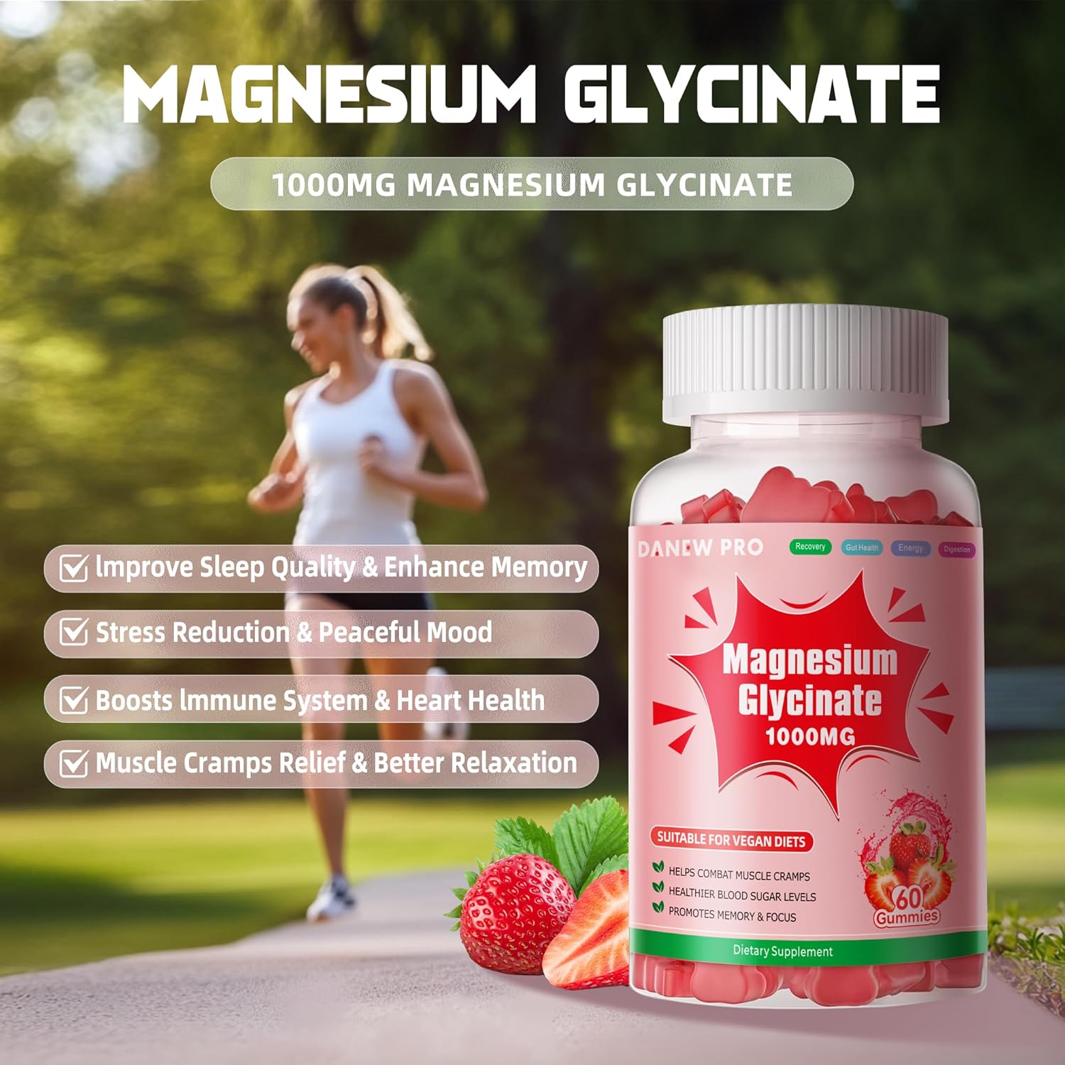 Sugar-Free Magnesium Glycinate Gummies with Vitamin D, B6, & CoQ10 - 1000mg Potassium Supplement for Calm Mood & Sleep Support - 120 Strawberry Gummies