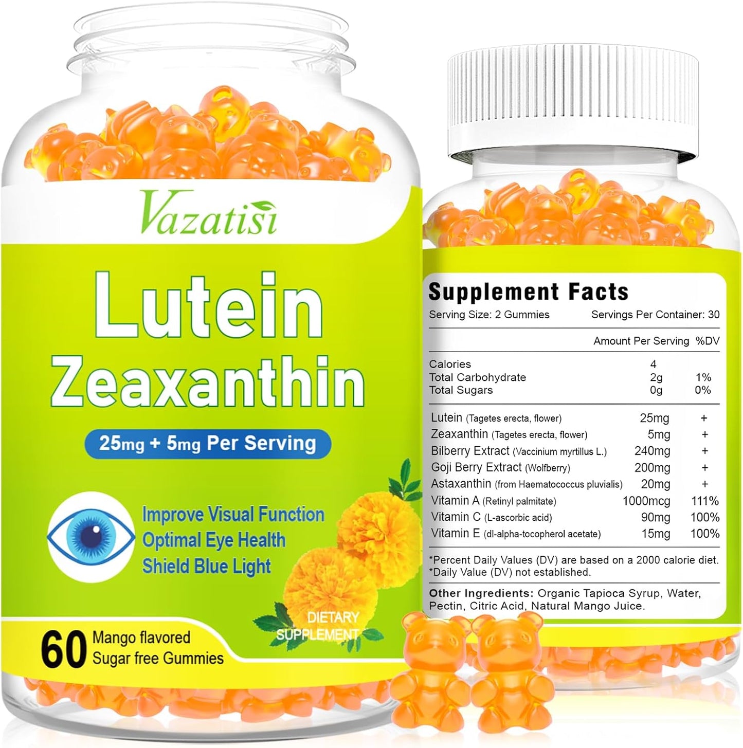 Sugar Free Mango Flavored Eye Health Gummies with Lutein, Zeaxanthin, Bilberry, and Astaxanthin - 120 Count