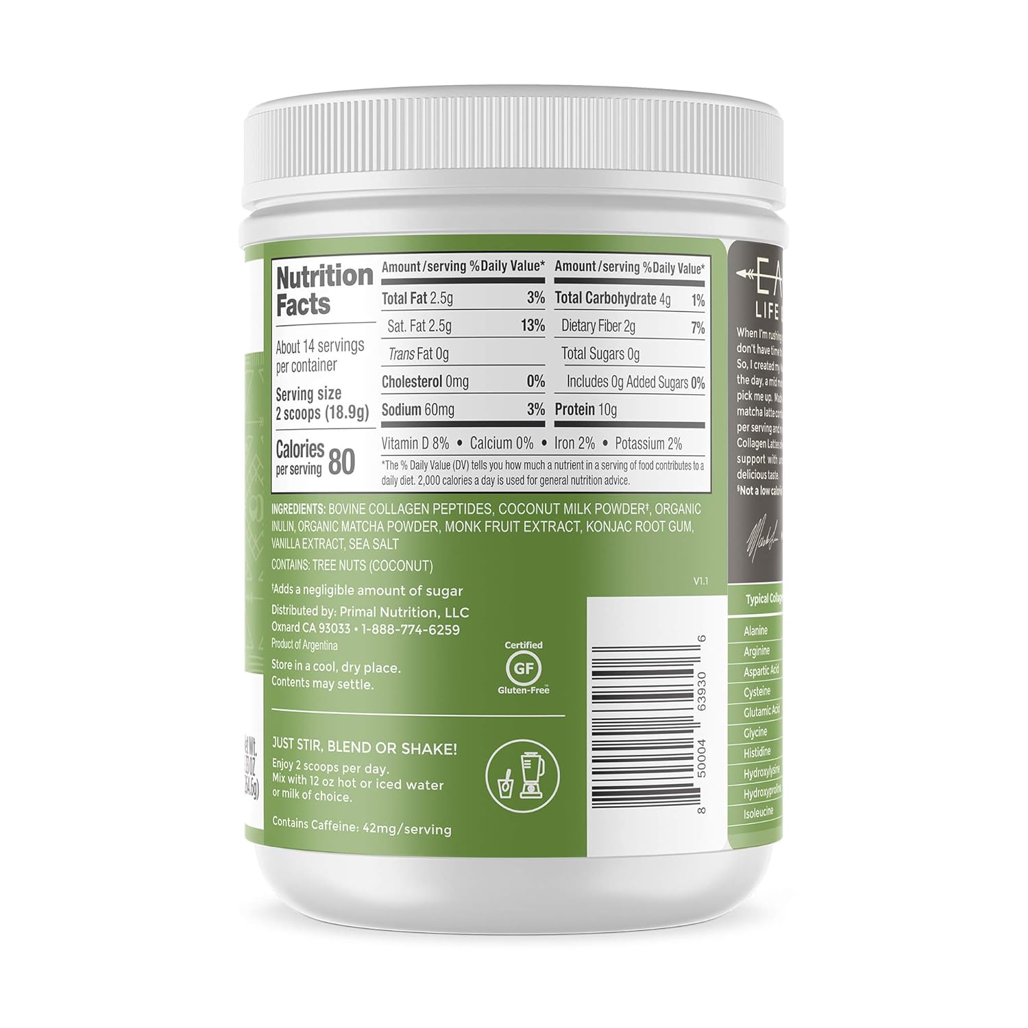 Sugar-Free Matcha Collagen Keto Latte Powder by Primal Kitchen - 9.33 Ounces