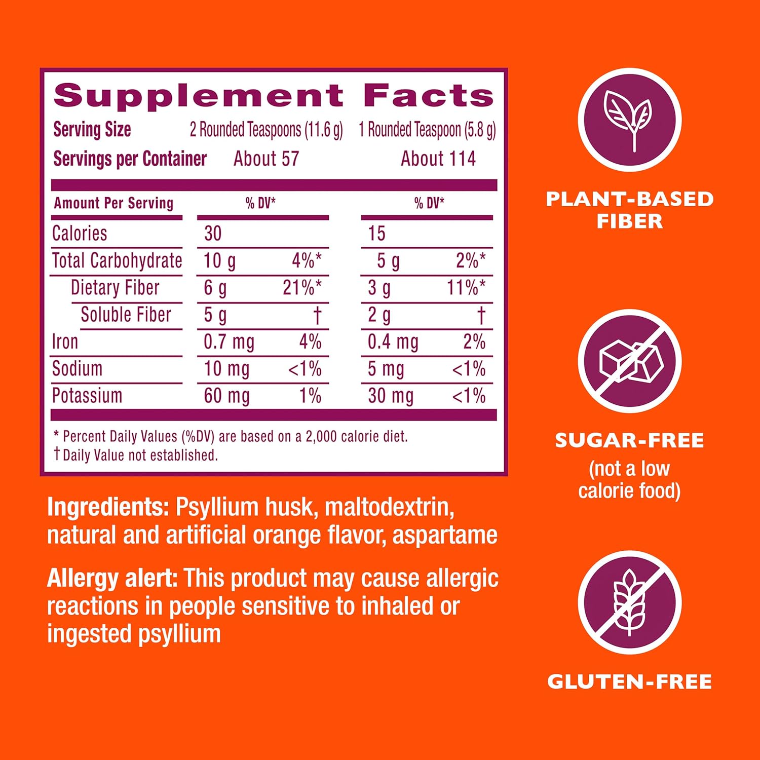 Sugar-Free Metamucil 4 in 1 Daily Fiber Supplement Powder with Orange Flavor - 114 Teaspoons of Psyllium Fiber for Digestive Health and Regularity