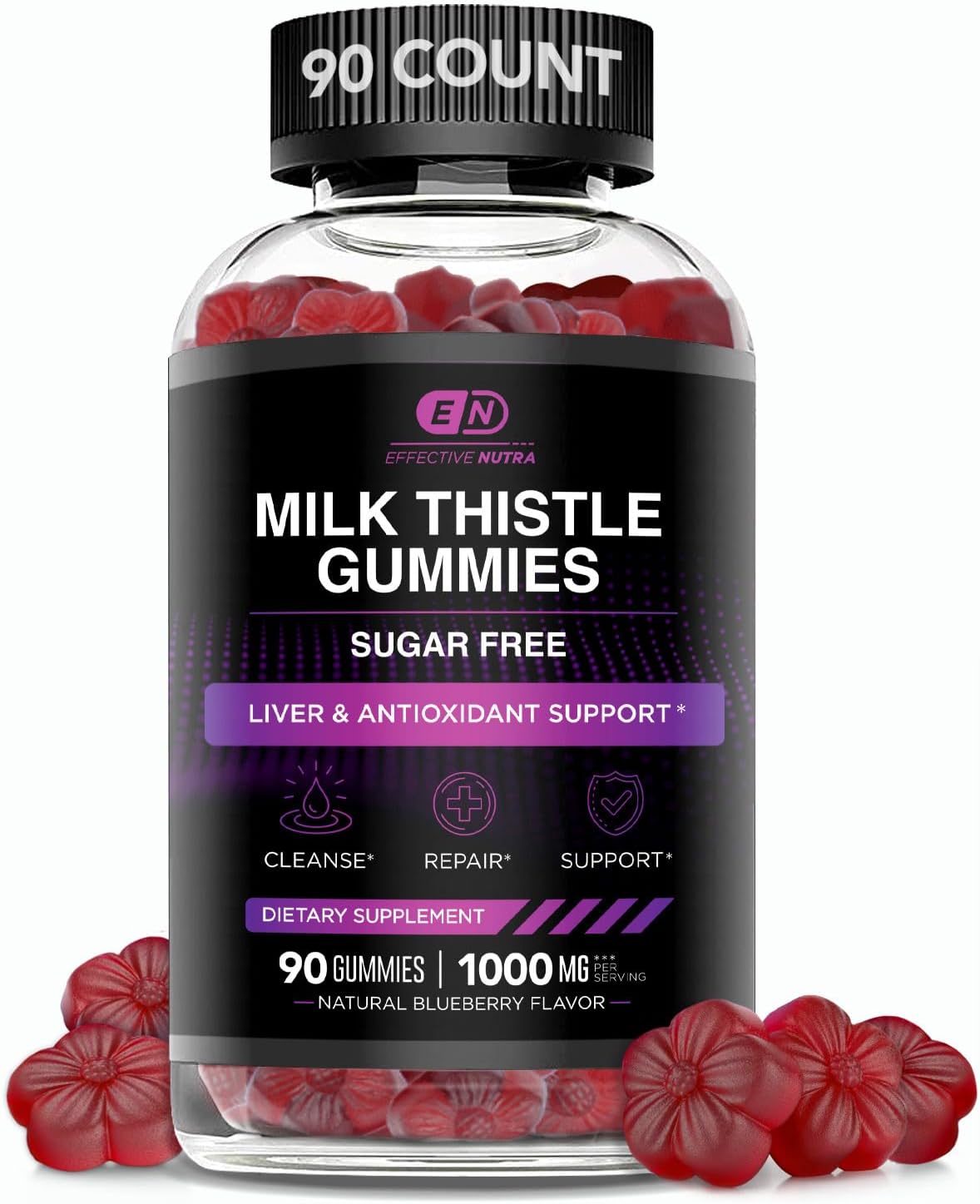 Sugar-Free Milk Thistle Gummies 1000mg for Liver Detox | Vegan, Gluten-Free with Antioxidant Support | Natural Berry Flavor | Made in USA - 90 Count