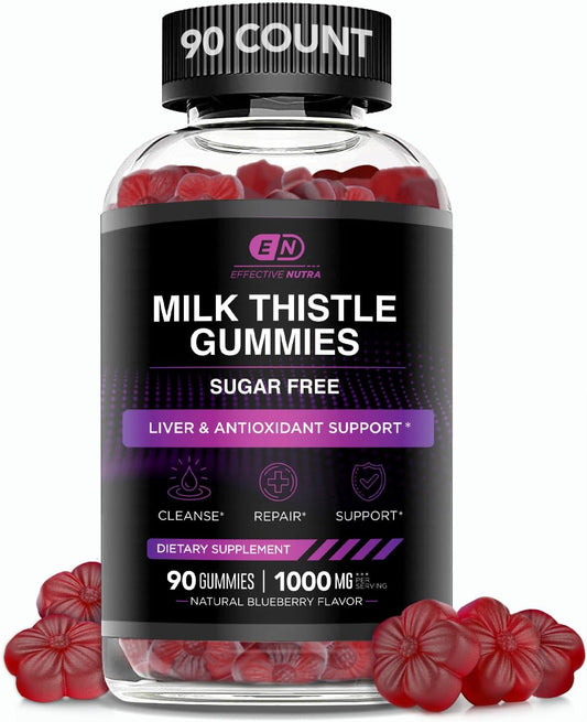 Sugar-Free Milk Thistle Gummies 1000mg for Liver Detox | Vegan, Gluten-Free with Antioxidant Support | Natural Berry Flavor | Made in USA - 90 Count