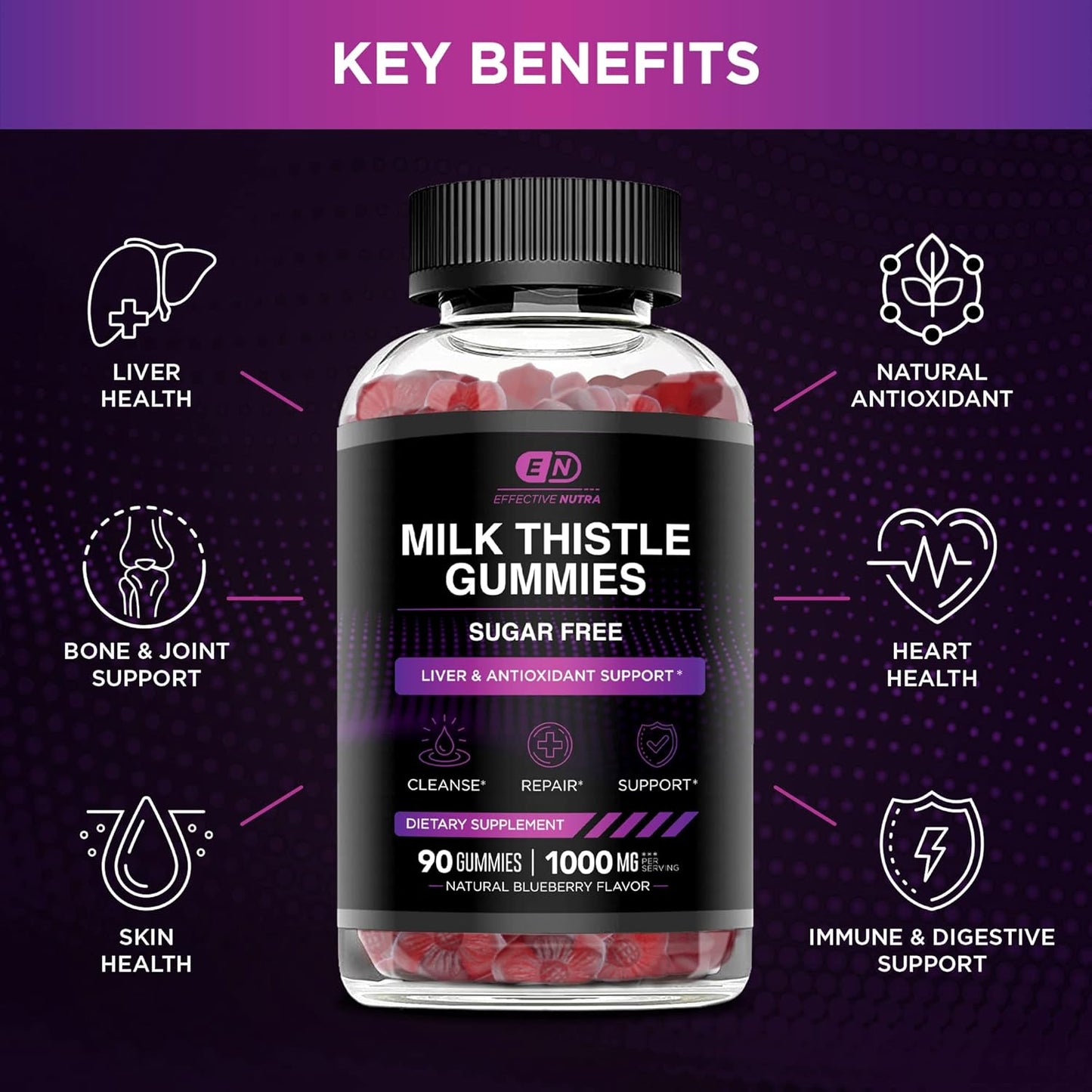 Sugar-Free Milk Thistle Gummies 1000mg for Liver Detox | Vegan, Gluten-Free with Antioxidant Support | Natural Berry Flavor | Made in USA - 90 Count