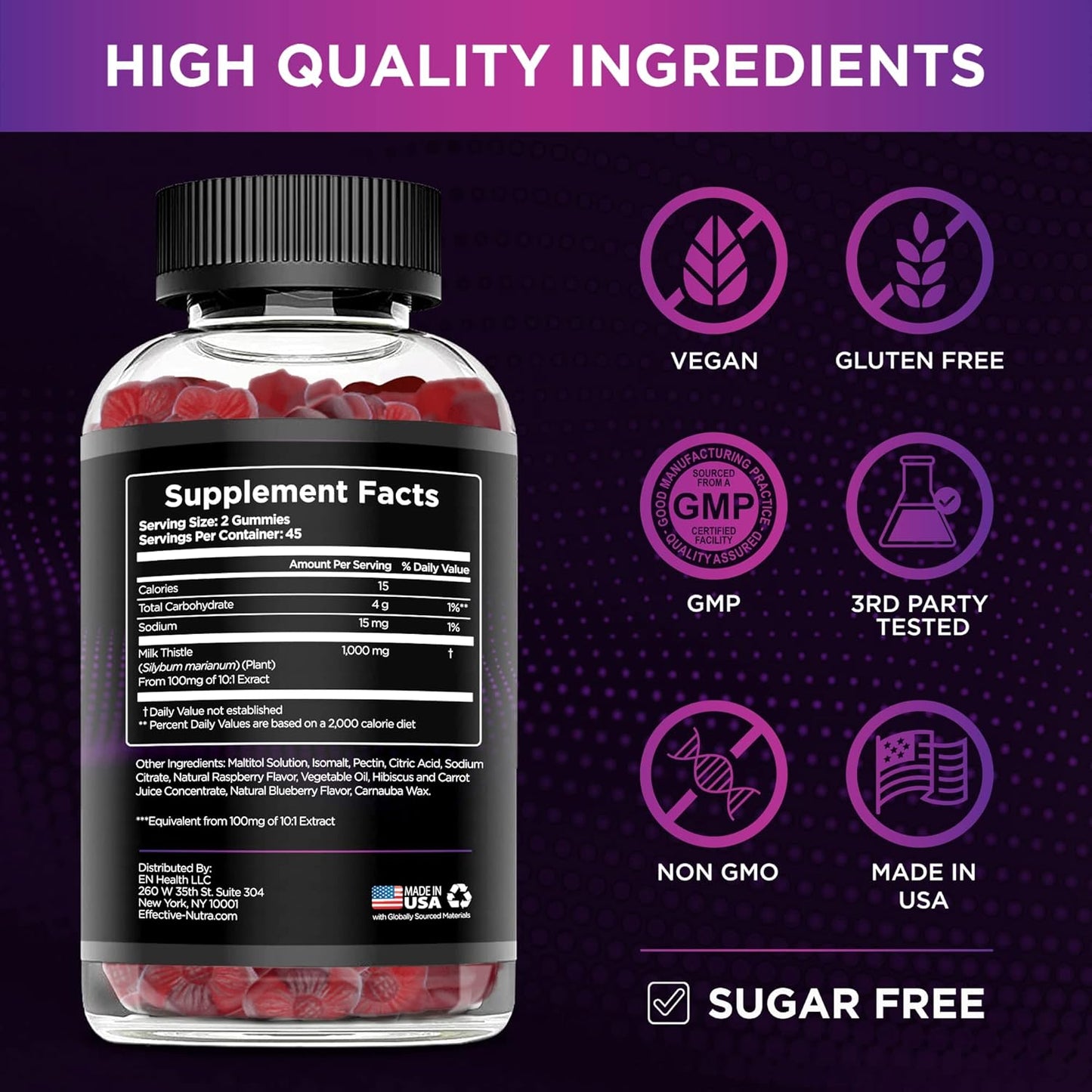 Sugar-Free Milk Thistle Gummies 1000mg for Liver Detox | Vegan, Gluten-Free with Antioxidant Support | Natural Berry Flavor | Made in USA - 90 Count