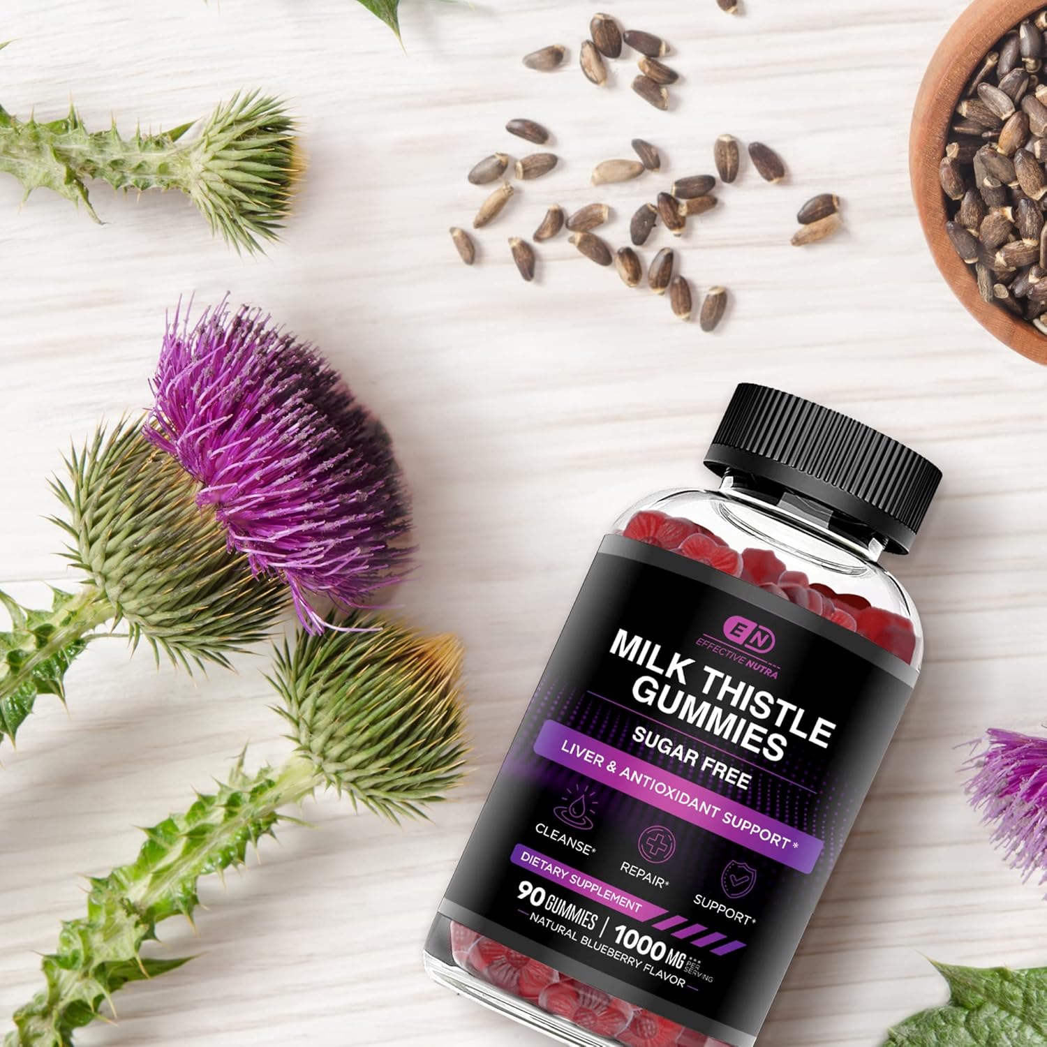 Sugar-Free Milk Thistle Gummies 1000mg for Liver Detox | Vegan, Gluten-Free with Antioxidant Support | Natural Berry Flavor | Made in USA - 90 Count