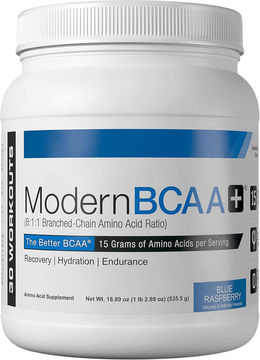 Sugar-Free Modern BCAA Powder for Post-Workout Muscle Recovery - 15g Amino Acids - 8:1:1 BCAA Ratio - Blue Raspberry - 30 Servings.