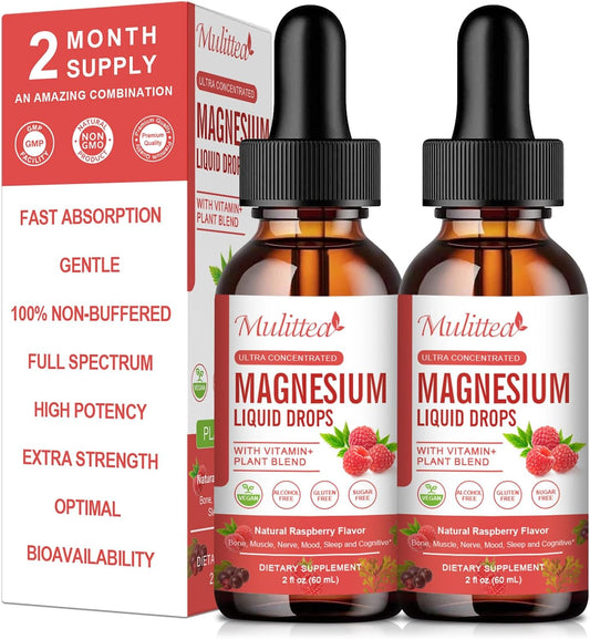 Sugar-Free Multitea Magnesium Glycinate Liquid Drops - Triple Absorption Support for Nerves, Heart, Muscles - Includes Potassium, L-Theanine, Sea Moss, Vitamins B, C, D3, K2 - 2 Pack