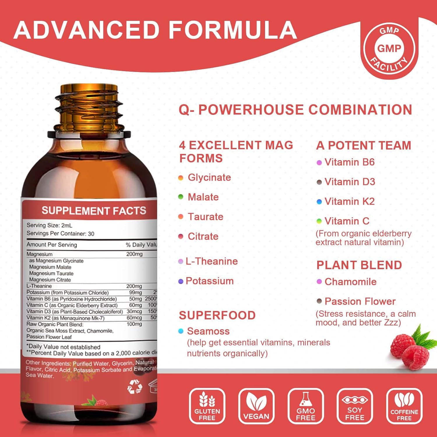 Sugar-Free Multitea Magnesium Glycinate Liquid Drops - Triple Absorption Support for Nerves, Heart, Muscles - Includes Potassium, L-Theanine, Sea Moss, Vitamins B, C, D3, K2 - 2 Pack