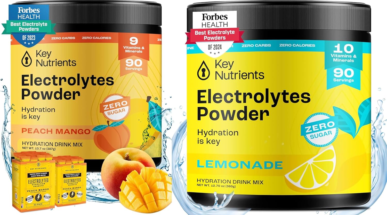 Sugar-Free Multivitamin Electrolyte Drink Mix Bundle - Tropical Peach Mango & Refreshing Lemonade Flavors - 90 Servings Each
