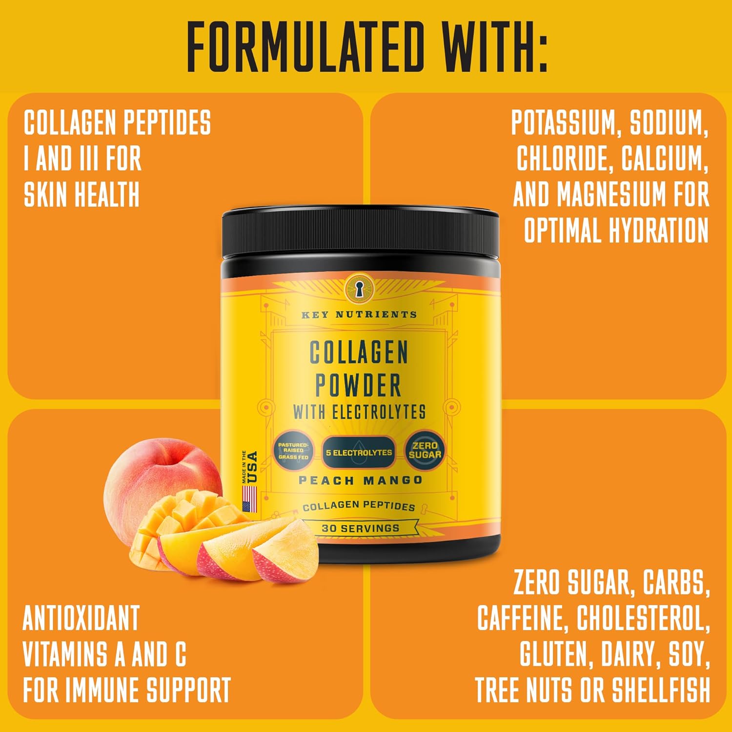 Sugar-Free Multivitamin Electrolytes Powder with Collagen Peptides for Energy and Hydration - No Calories - Made in USA