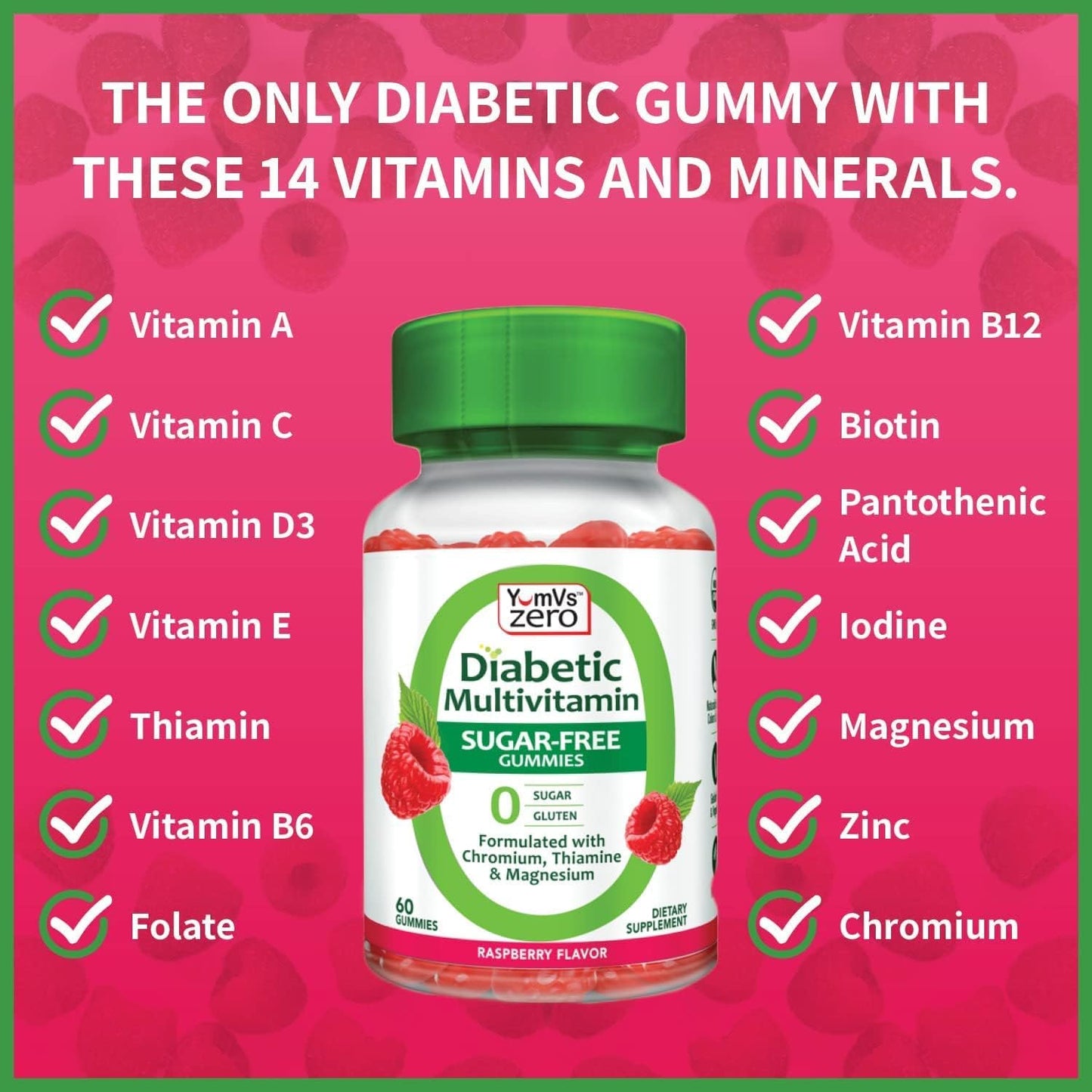 Sugar-Free Multivitamin Gummies for Women & Men - Raspberry Flavor Chewables with Chromium, Thiamine, & Magnesium - 120 Count