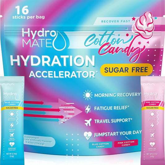 Sugar-Free NatureWorks HydroMATE Electrolytes Powder - Cotton Candy Flavor, 16 Sticks with Vitamin C for Instant Hydration and Energy Boost - Ideal for Keto Diet and Post-Party Recovery