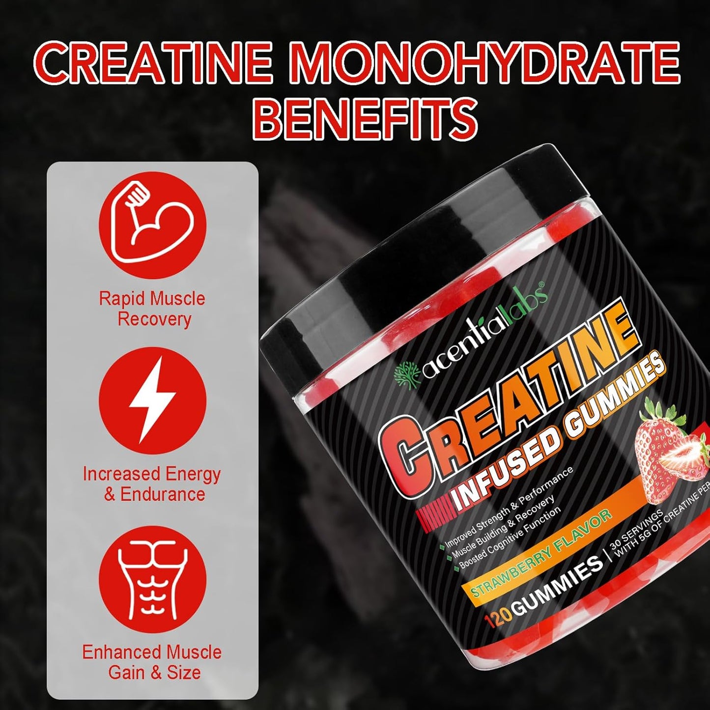 Sugar-Free Nyloriaine Creatine Monohydrate Gummies for Muscle Growth & Energy - Enhance Strength, Performance, Building & Recovery - Unisex - 120 Count