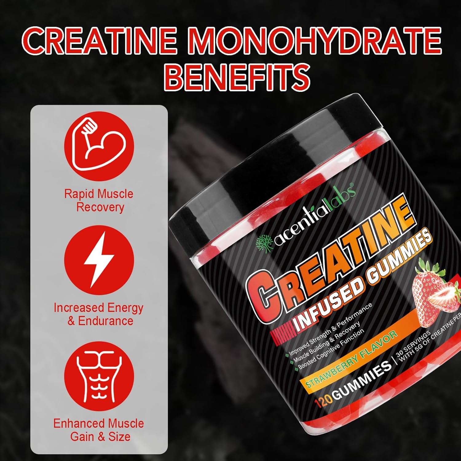 Sugar-Free Nyloriaine Creatine Monohydrate Gummies for Muscle Growth & Energy - Enhance Strength, Performance, Building & Recovery - Unisex - 120 Count