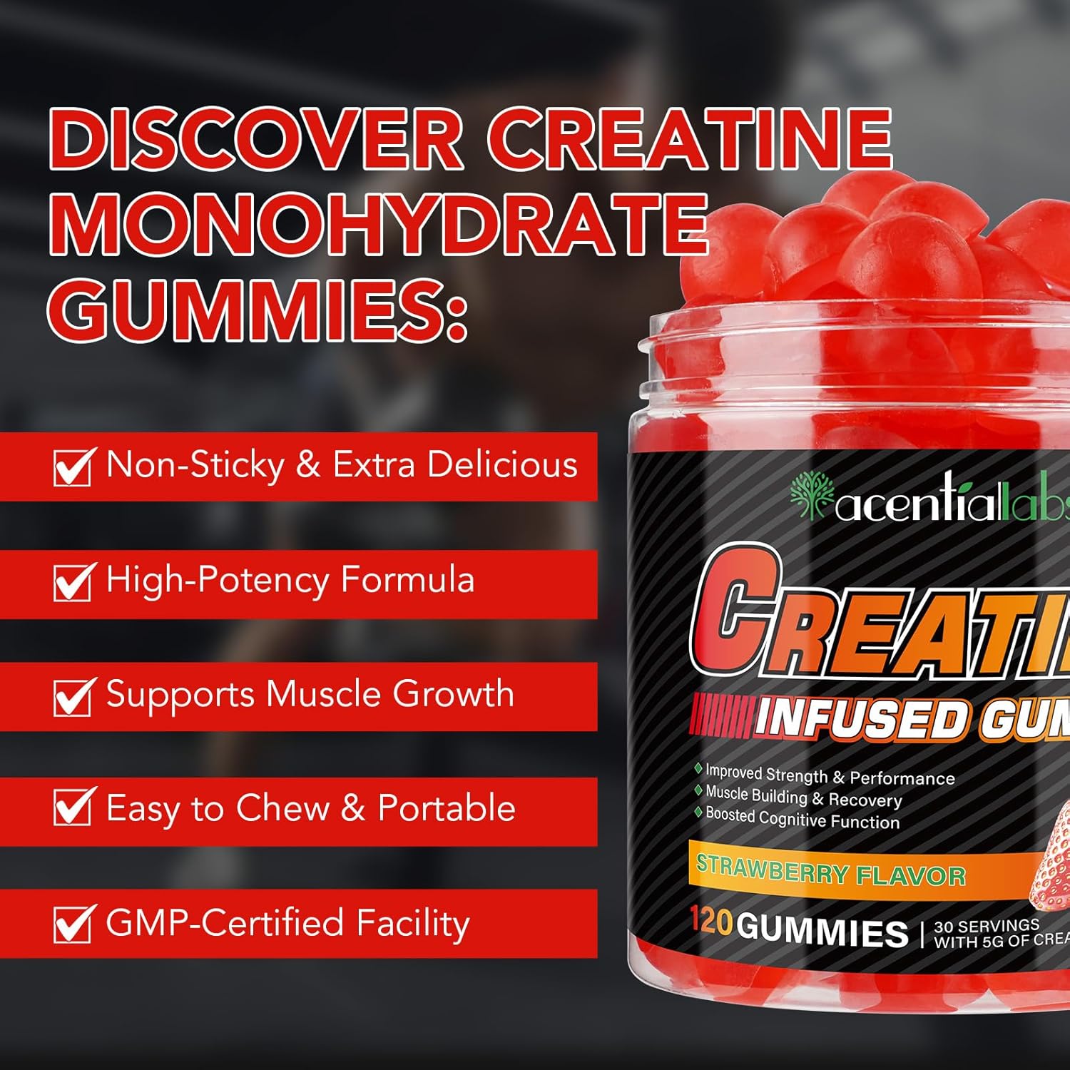 Sugar-Free Nyloriaine Creatine Monohydrate Gummies for Muscle Growth & Energy - Enhance Strength, Performance, Building & Recovery - Unisex - 120 Count