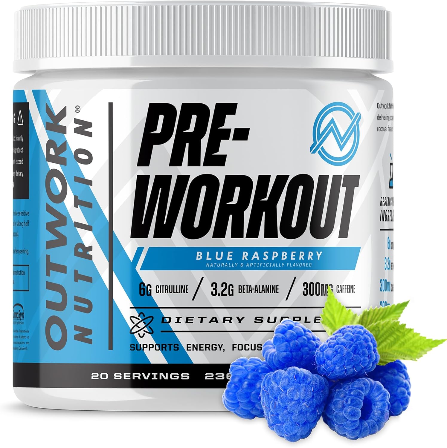 Sugar-Free Outwork Nutrition Pre-Workout Powder for Men and Women - No Creatine, Nootropics, Citrulline Malate, Beta Alanine - Science-Backed Formula (Blue Raspberry)