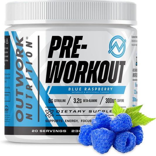 Sugar-Free Outwork Nutrition Pre-Workout Powder for Men and Women - No Creatine, Nootropics, Citrulline Malate, Beta Alanine - Science-Backed Formula (Blue Raspberry)