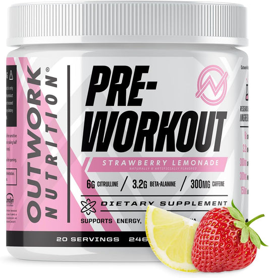 Sugar-Free Outwork Nutrition Pre-Workout Powder for Men & Women - No Creatine, with Nootropics, Citrulline Malate, Beta Alanine - Strawberry Lemonade Flavor, Science-Backed Formula