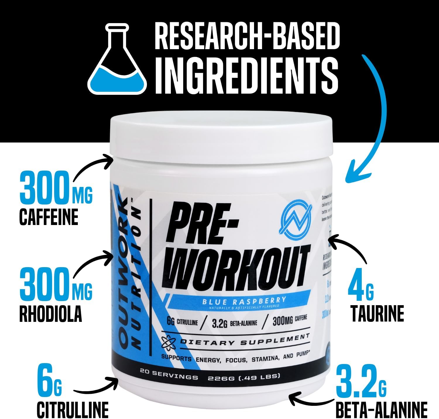 Sugar-Free Outwork Nutrition Pre-Workout Powder for Men and Women - No Creatine, Nootropics, Citrulline Malate, Beta Alanine - Science-Backed Formula (Blue Raspberry)