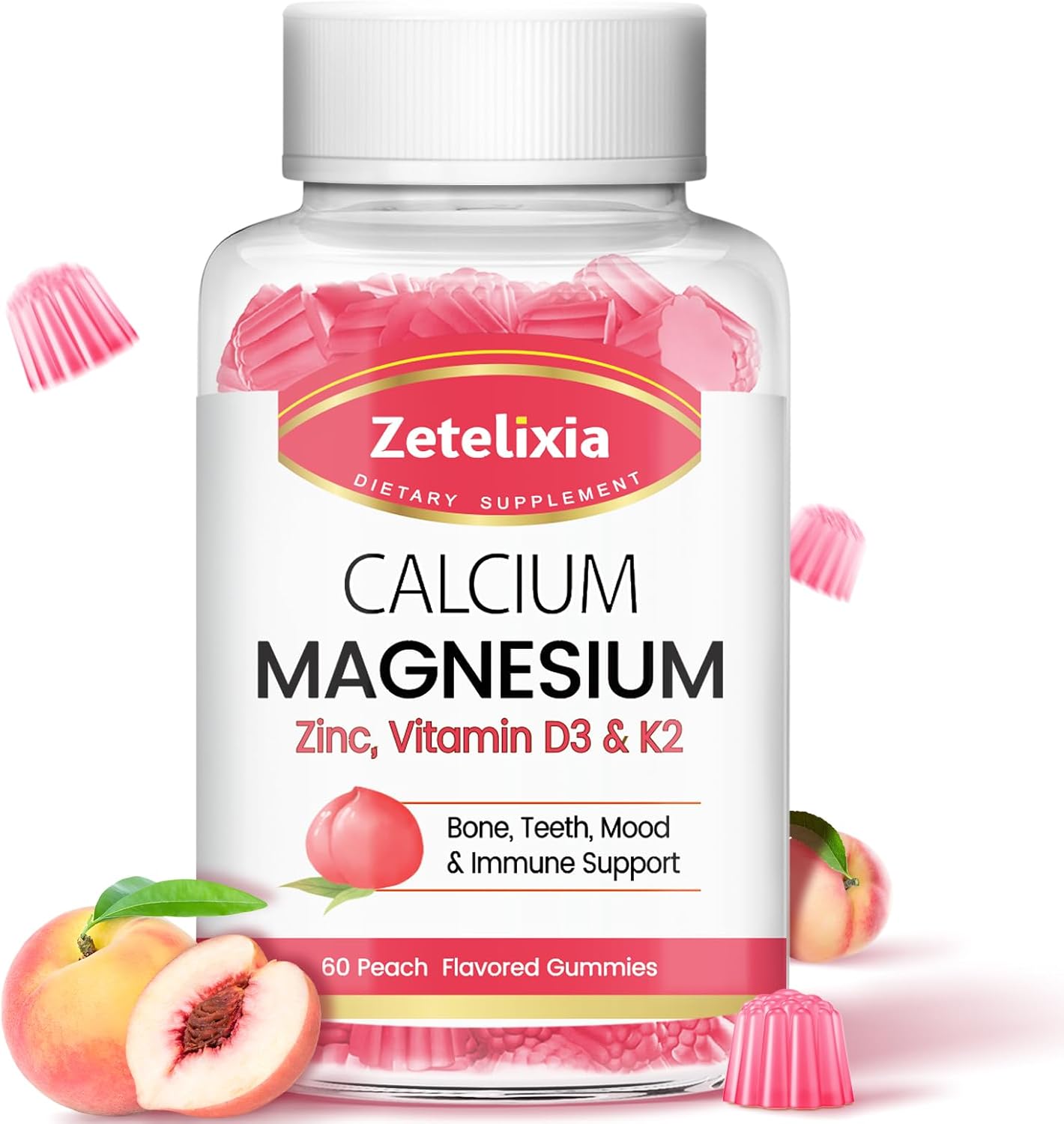 Sugar-Free Peach Calcium Citrate Gummies with Vitamin D3 & K2 - 60 Ct for Bone & Joint Health