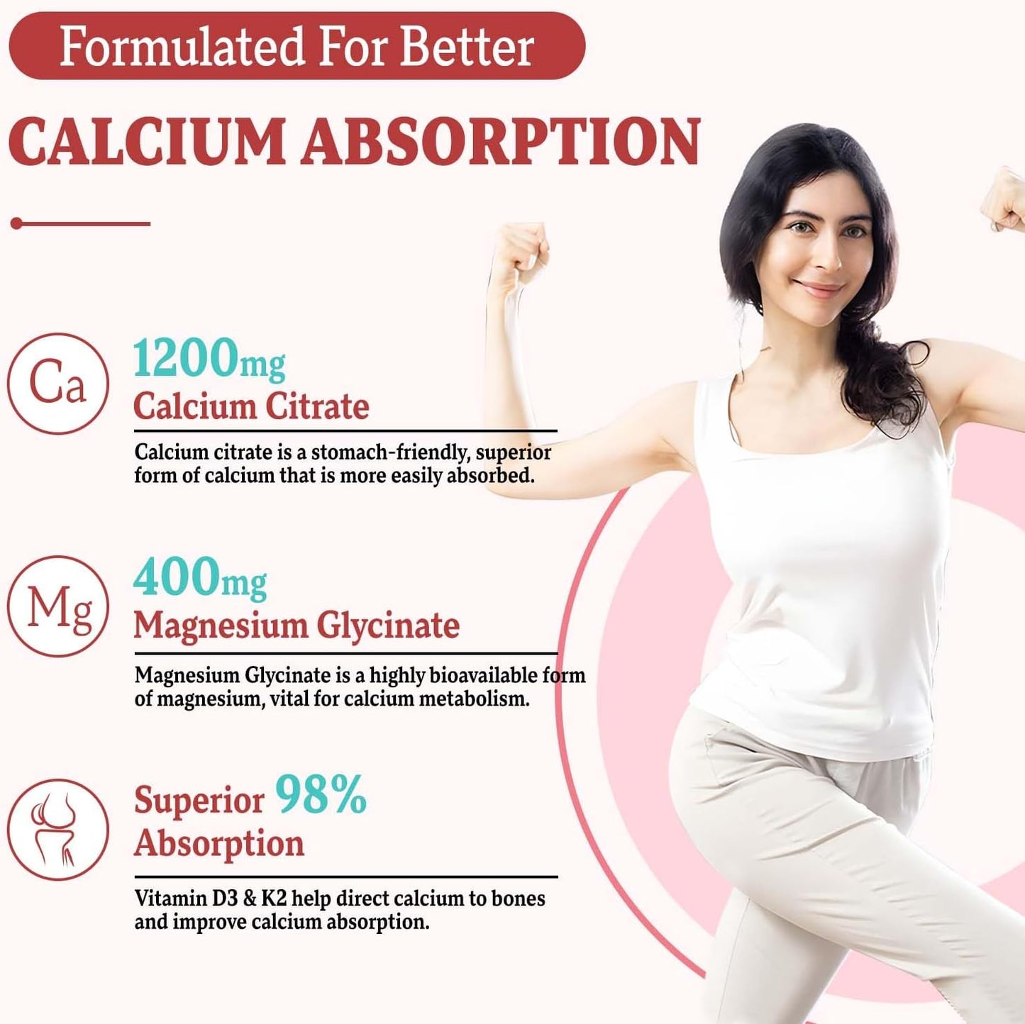 Sugar-Free Peach Calcium Citrate Gummies with Vitamin D3 & K2 - 60 Ct for Bone & Joint Health