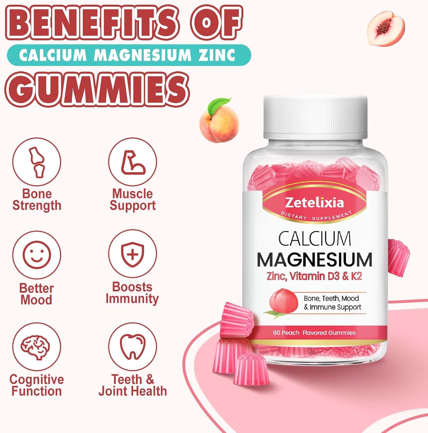 Sugar-Free Peach Calcium Citrate Gummies with Vitamin D3 & K2 - 60 Ct for Bone & Joint Health