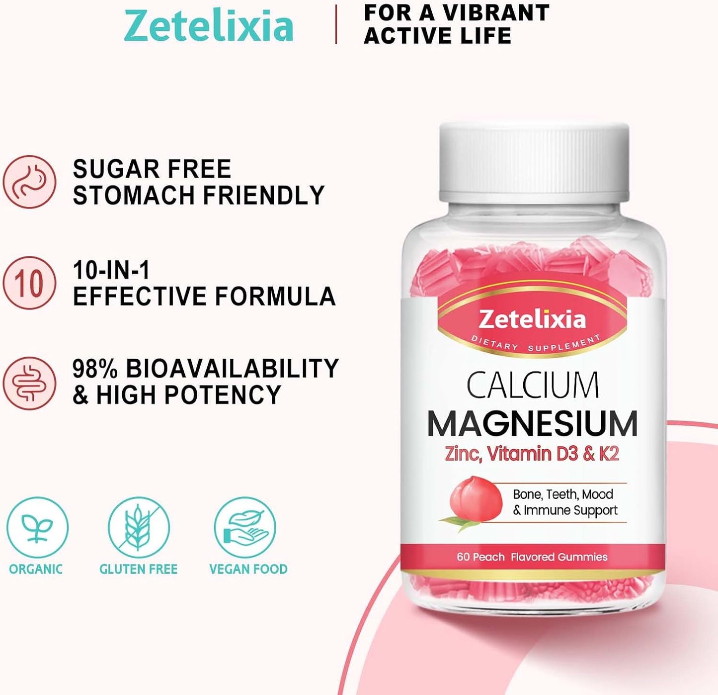 Sugar-Free Peach Calcium Citrate Gummies with Vitamin D3 & K2 - 60 Ct for Bone & Joint Health