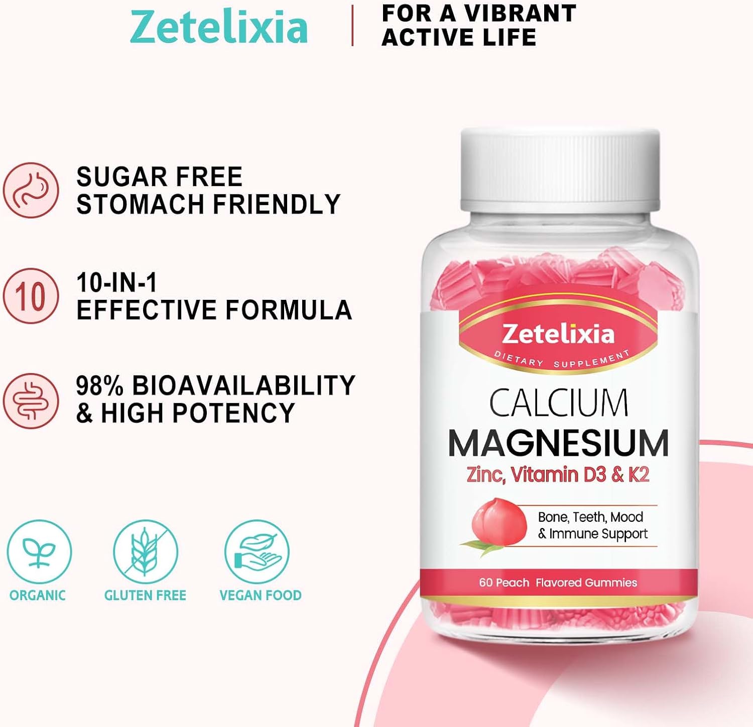 Sugar-Free Peach Calcium Citrate Gummies with Vitamin D3 & K2 - 60 Ct for Bone & Joint Health