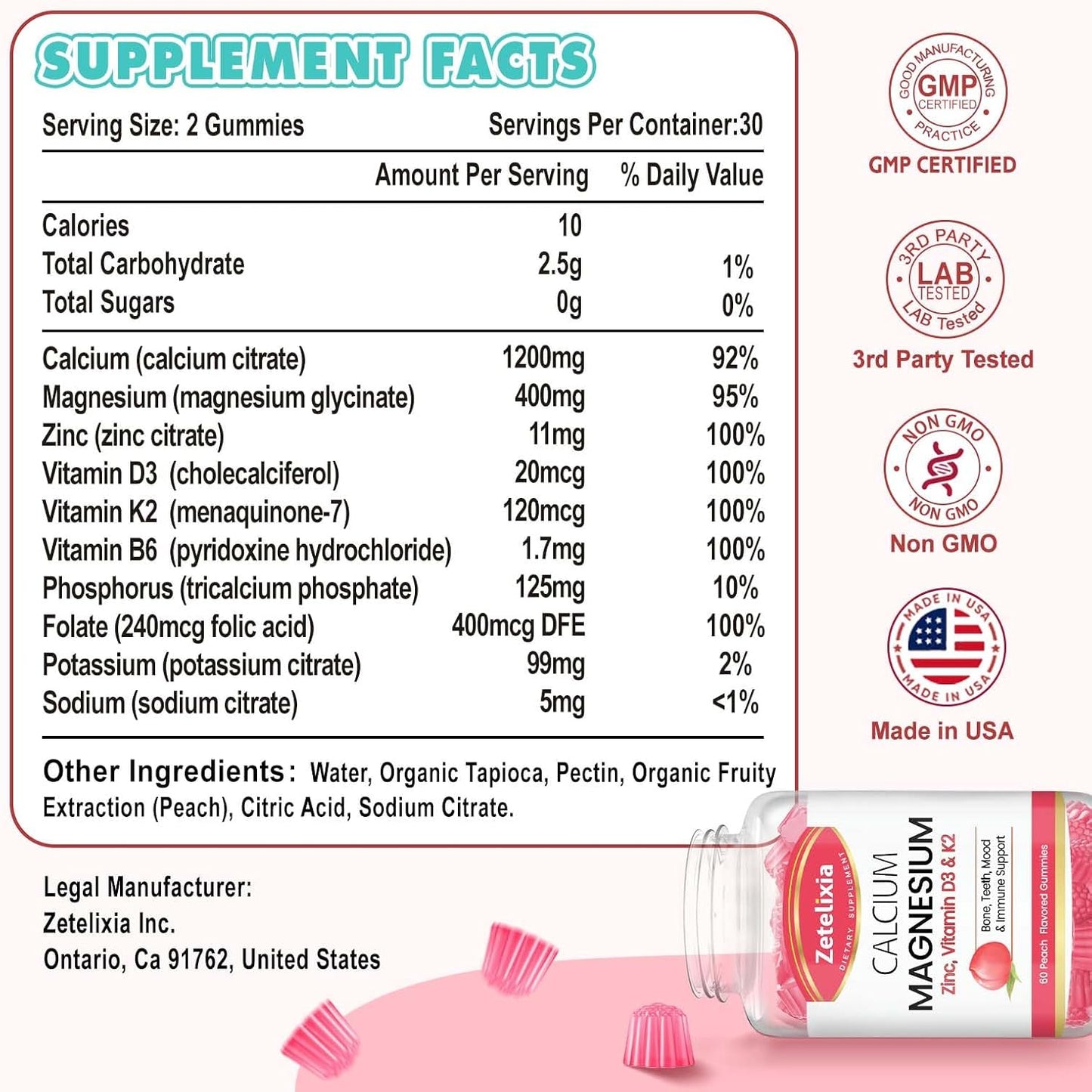 Sugar-Free Peach Calcium Citrate Gummies with Vitamin D3 & K2 - 60 Ct for Bone & Joint Health