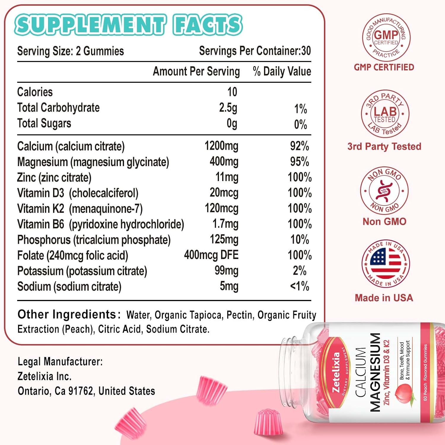 Sugar-Free Peach Calcium Citrate Gummies with Vitamin D3 & K2 - 60 Ct for Bone & Joint Health
