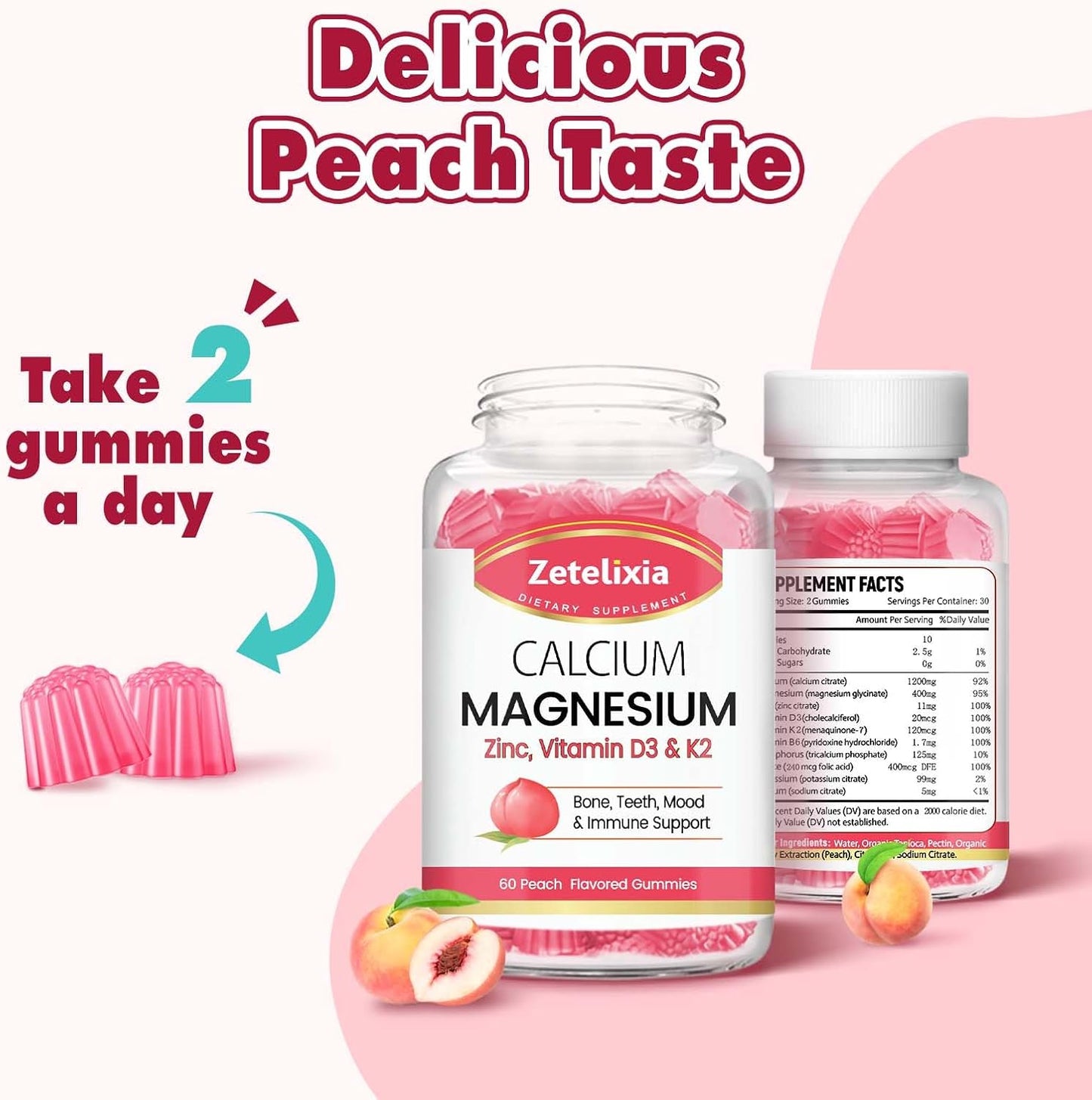 Sugar-Free Peach Calcium Citrate Gummies with Vitamin D3 & K2 - 60 Ct for Bone & Joint Health