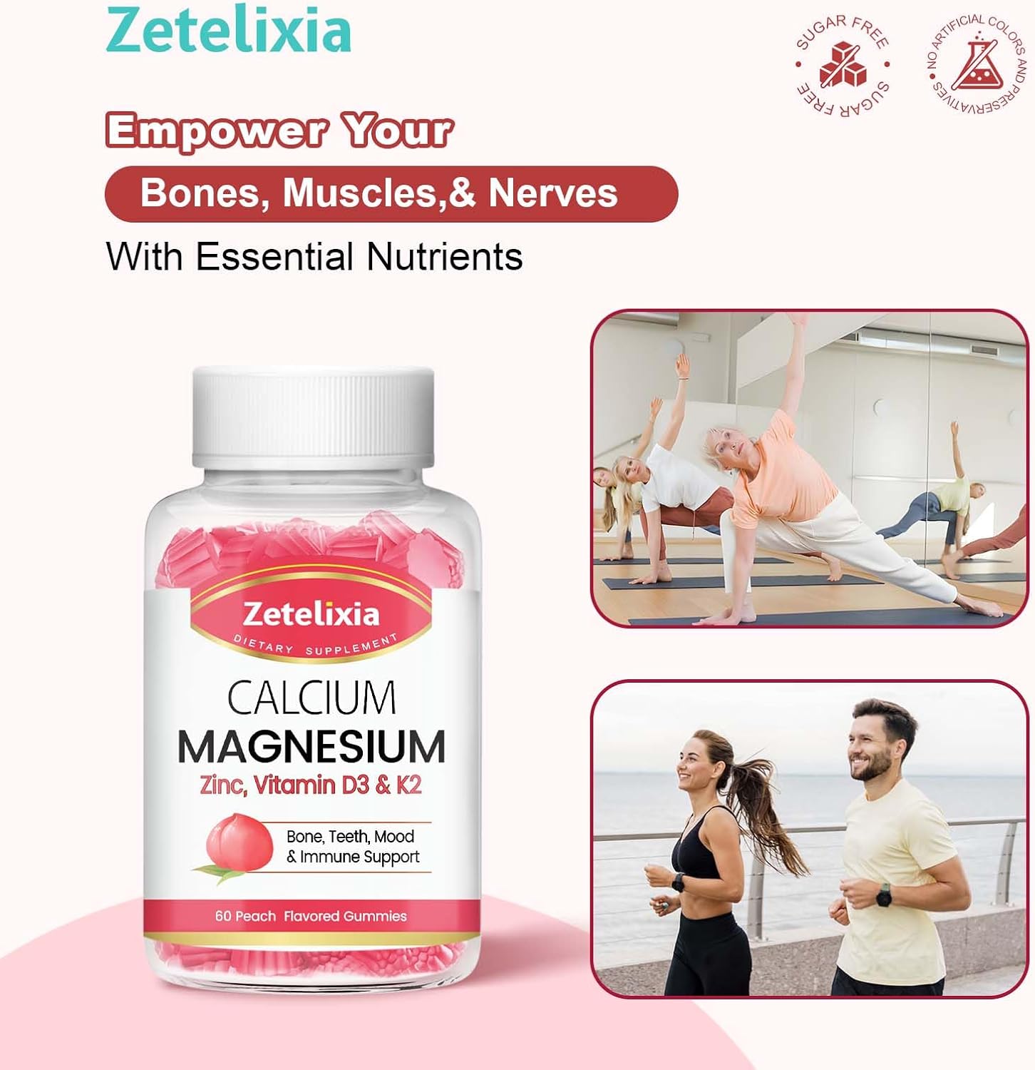Sugar-Free Peach Calcium Citrate Gummies with Vitamin D3 & K2 - 60 Ct for Bone & Joint Health