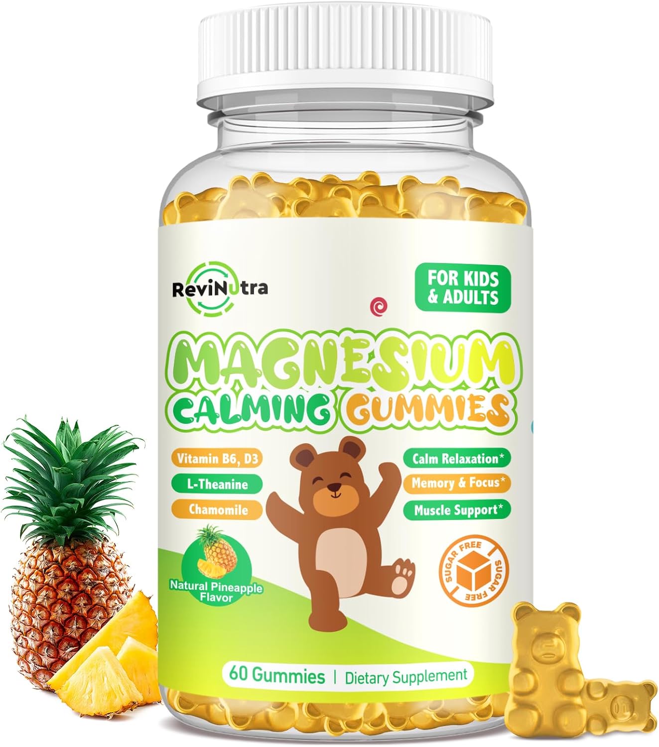 Sugar-Free Pineapple Magnesium Gummies with L-Theanine, Vitamin B6, D3 for Kids & Adults - Calm, Sleep, Relaxation, Brain & Bone Support - 60ct