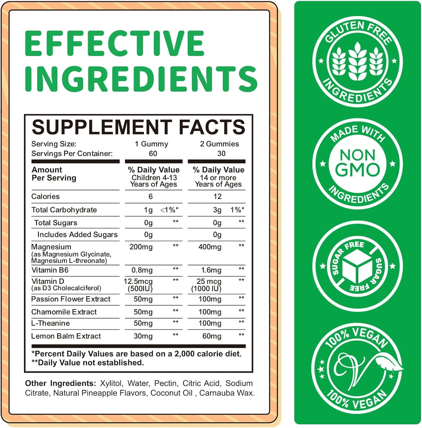 Sugar-Free Pineapple Magnesium Gummies with L-Theanine, Vitamin B6, D3 for Kids & Adults - Calm, Sleep, Relaxation, Brain & Bone Support - 60ct