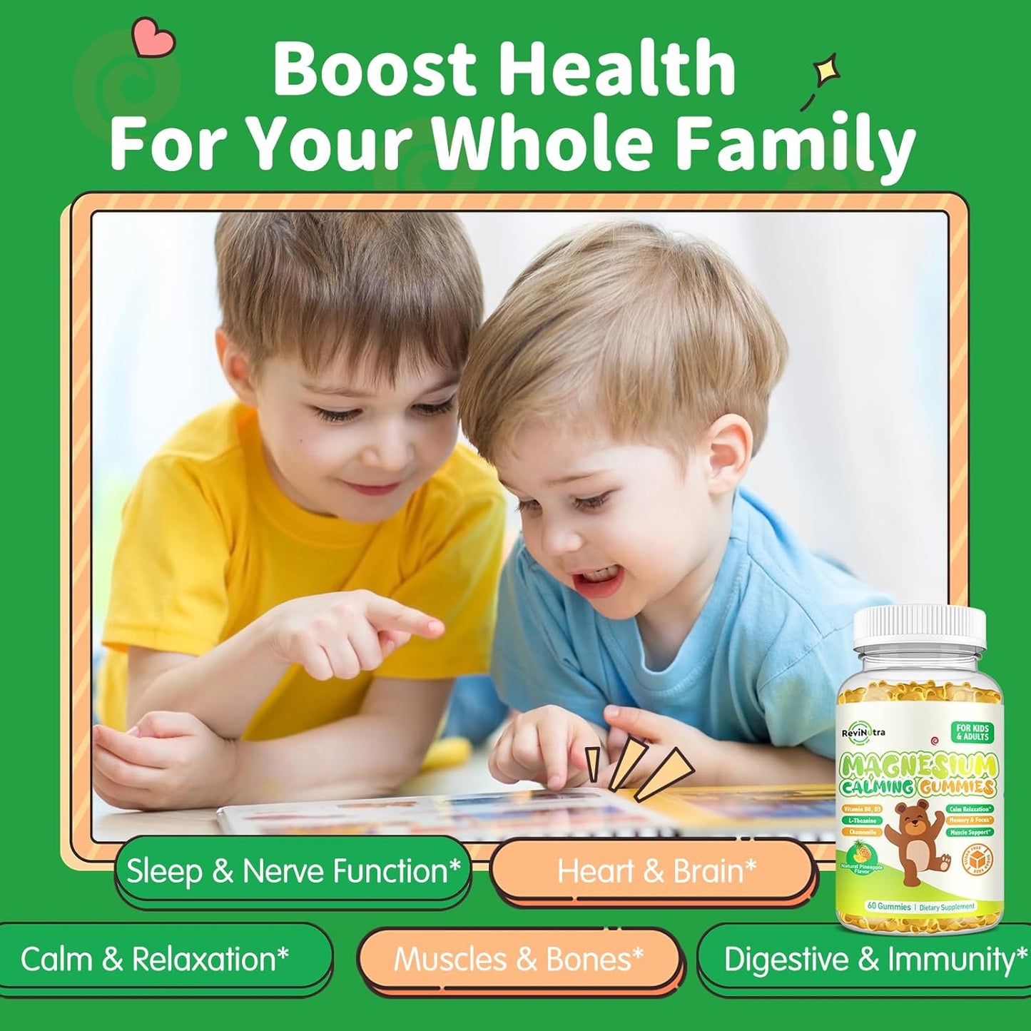 Sugar-Free Pineapple Magnesium Gummies with L-Theanine, Vitamin B6, D3 for Kids & Adults - Calm, Sleep, Relaxation, Brain & Bone Support - 60ct