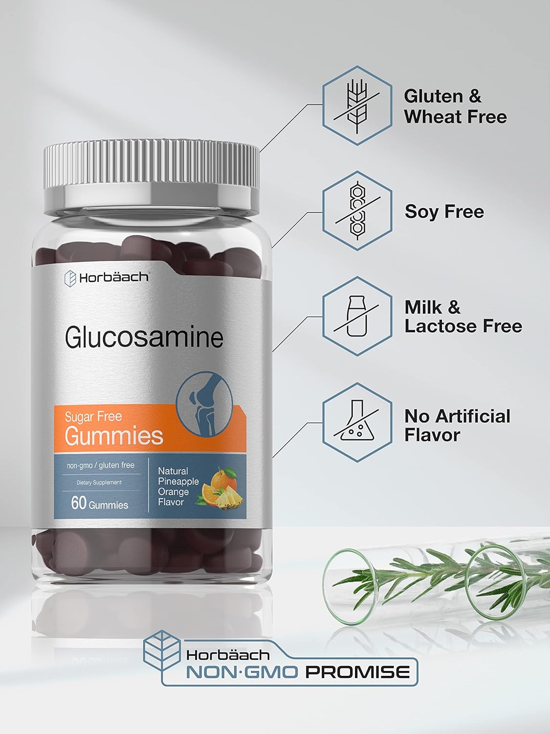Sugar-Free Pineapple Orange Flavored Glucosamine Gummies - 60 Count, Non-GMO & Gluten-Free Supplement by Horbäach