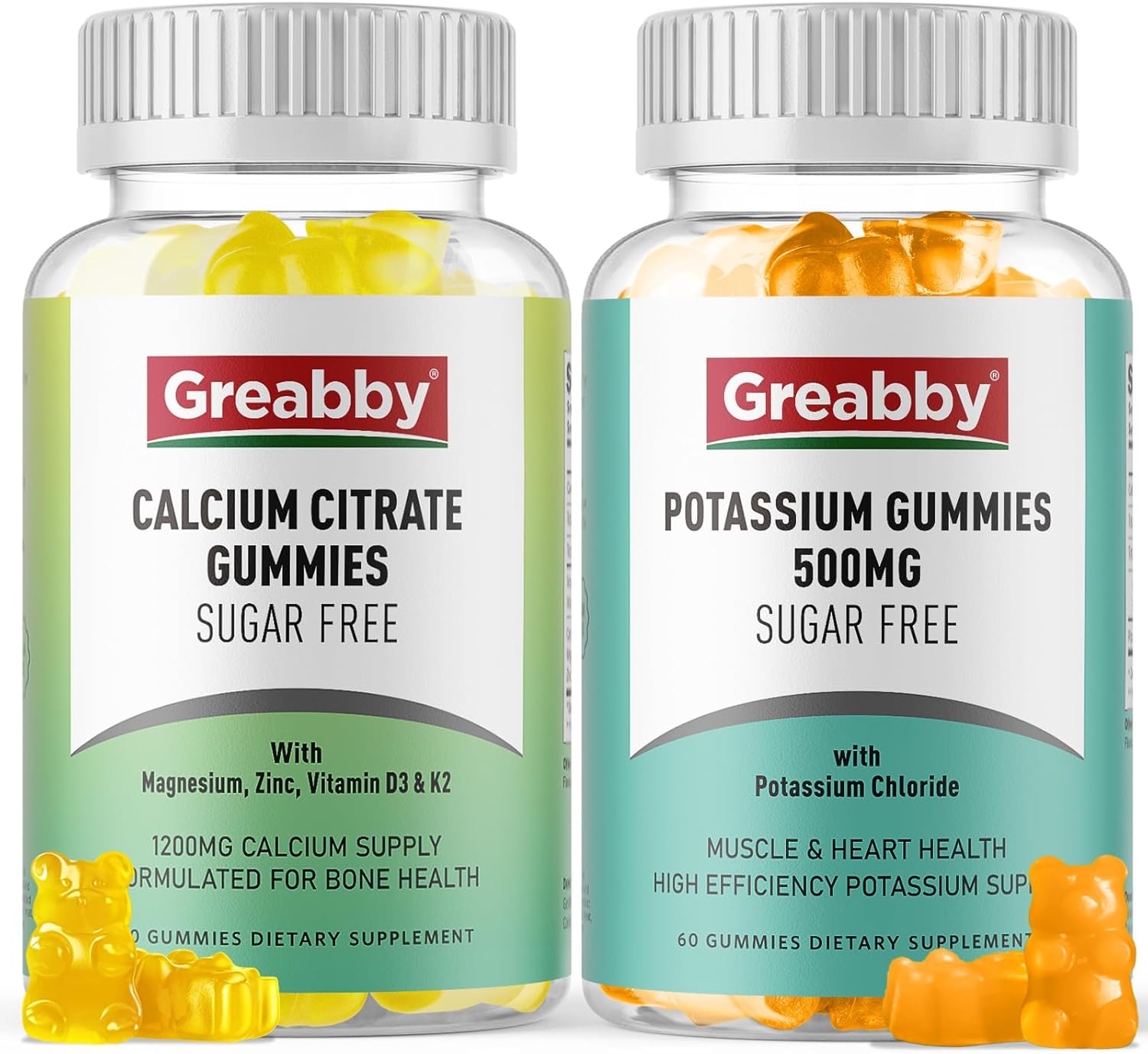 Sugar-Free Potassium and Calcium Citrate Gummies for Bone and Muscle Health, 500mg Potassium Chloride, 1200mg Calcium Citrate