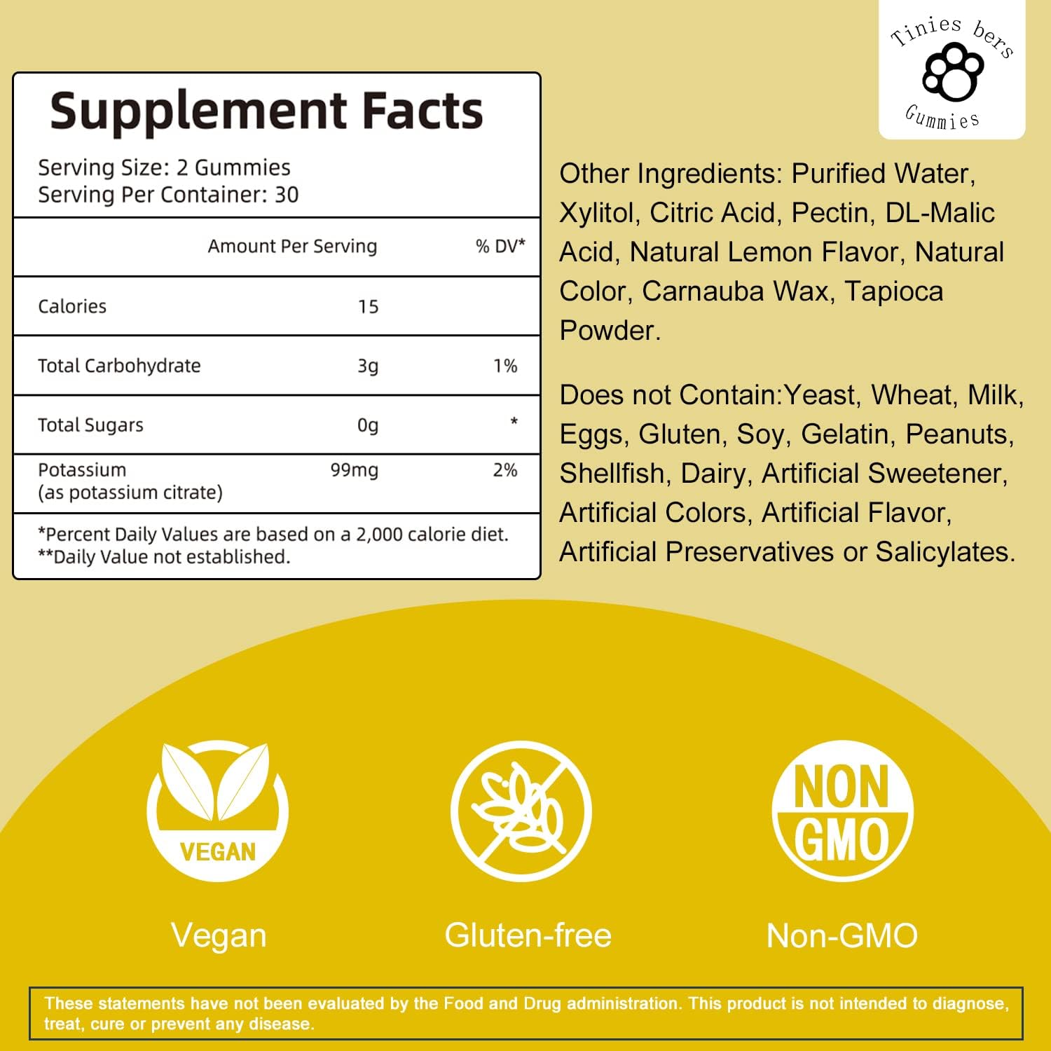 Sugar-Free Potassium Gummies for Adults and Kids - Supports Leg Cramps, Muscle Health, and Heart Health - Essential Electrolytes - Potassium Citrate - Vegan and Non-GMO - Lemon Flavor - 60 Gummies