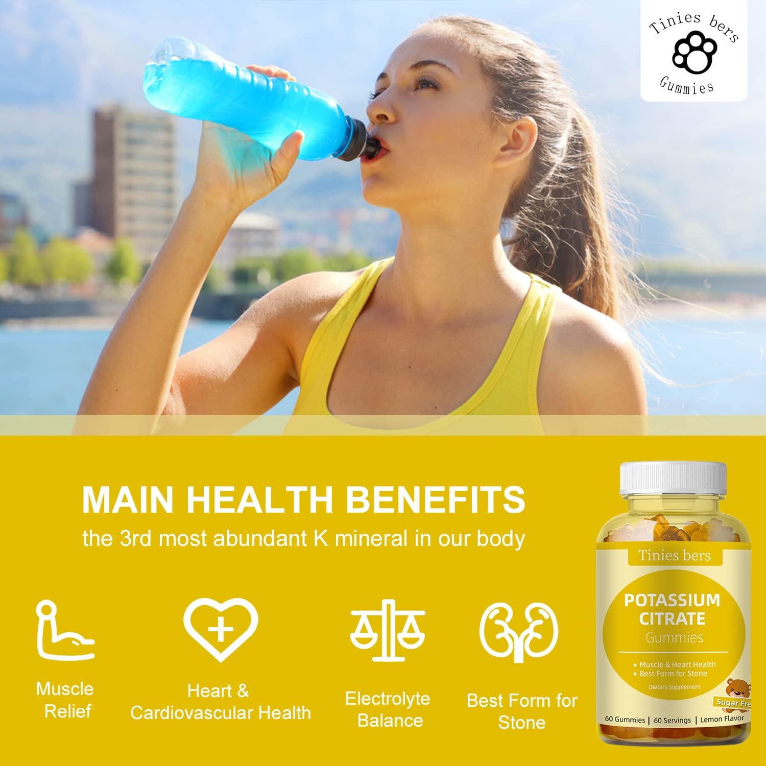 Sugar-Free Potassium Gummies for Adults and Kids - Supports Leg Cramps, Muscle Health, and Heart Health - Essential Electrolytes - Potassium Citrate - Vegan and Non-GMO - Lemon Flavor - 60 Gummies