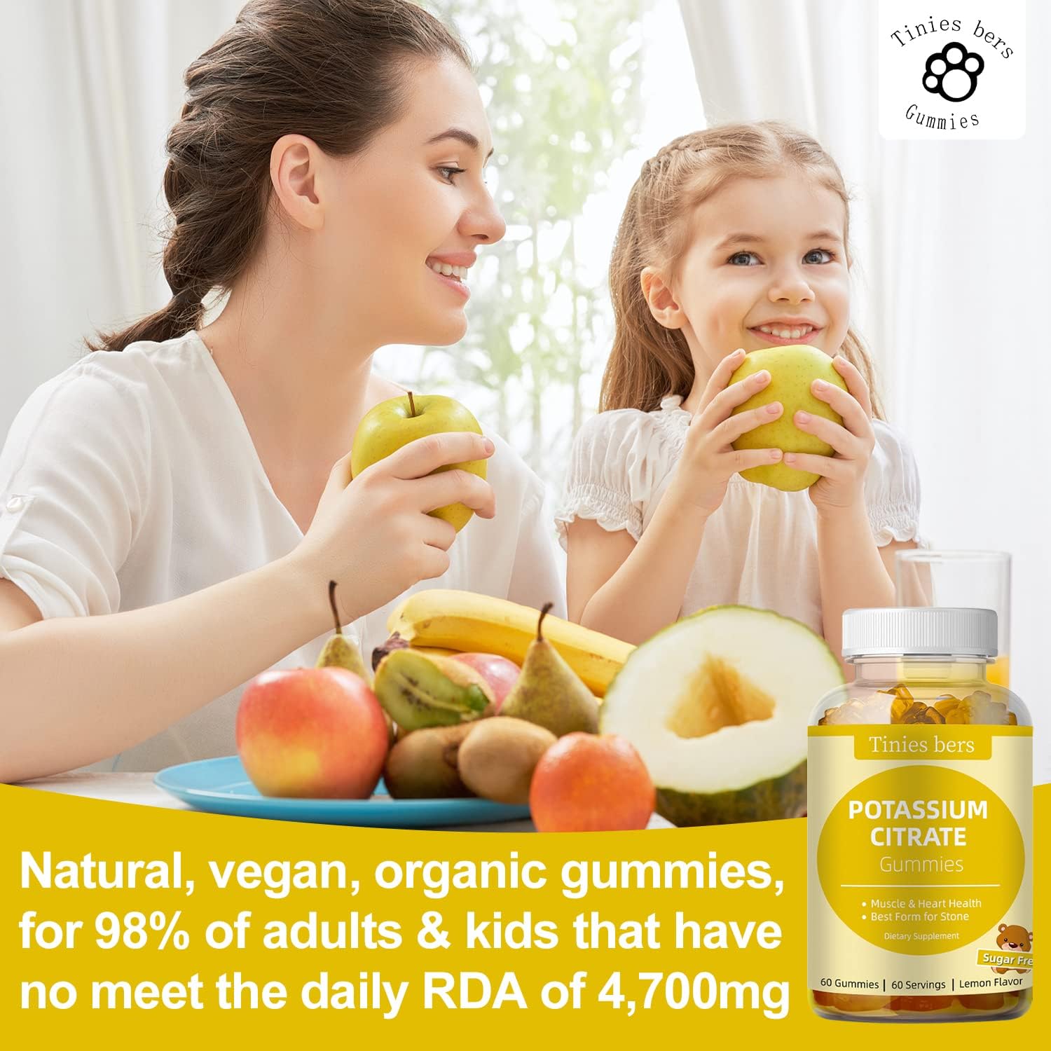 Sugar-Free Potassium Gummies for Adults and Kids - Supports Leg Cramps, Muscle Health, and Heart Health - Essential Electrolytes - Potassium Citrate - Vegan and Non-GMO - Lemon Flavor - 60 Gummies