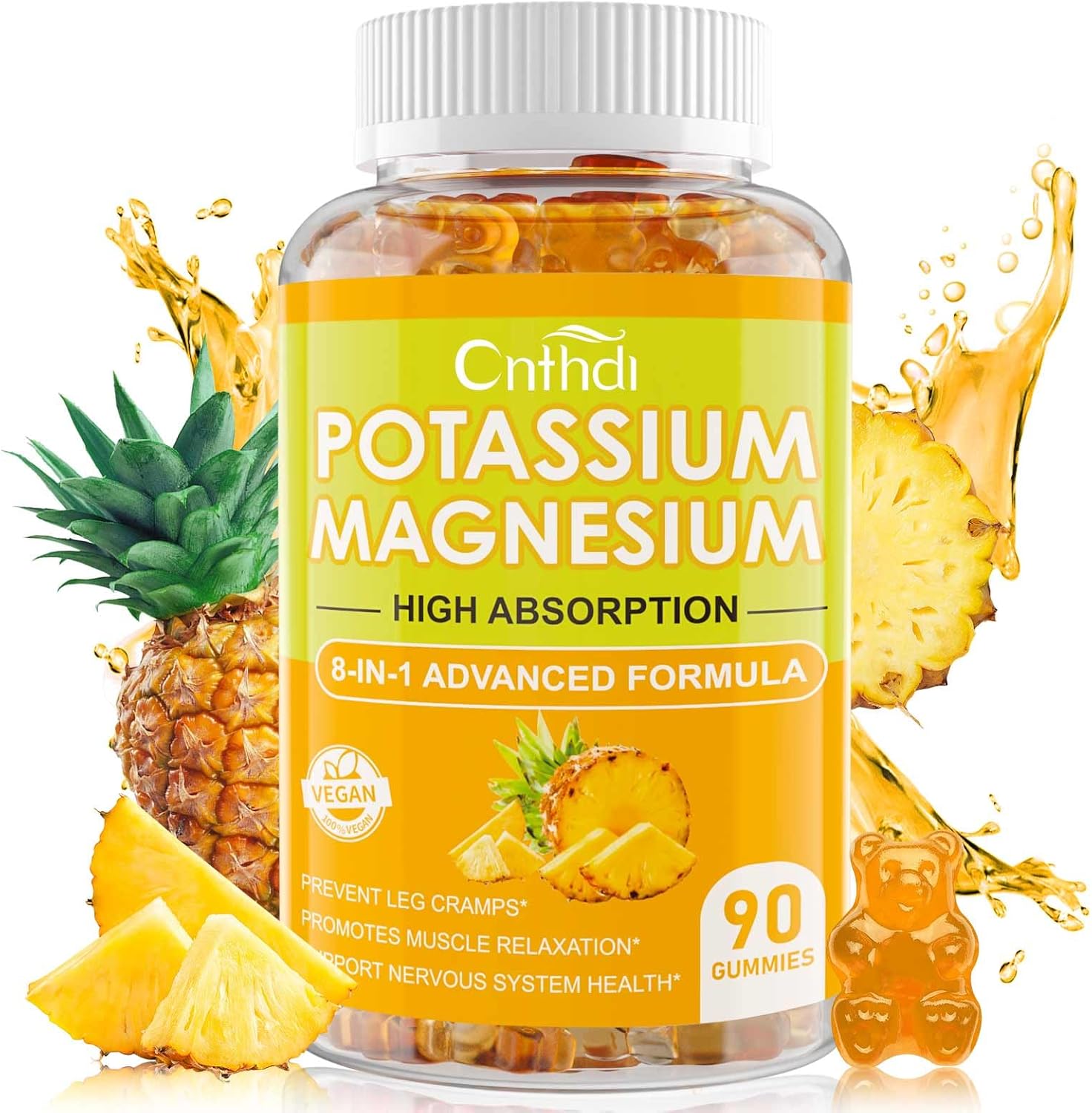 Sugar-Free Potassium Magnesium Gummies - 90 CT Supplement for Adults & Kids - Pineapple Flavor - Promotes Heart & Muscle Health - 99mg Potassium, 400mg Magnesium Citrate - Helps with Leg Cramps