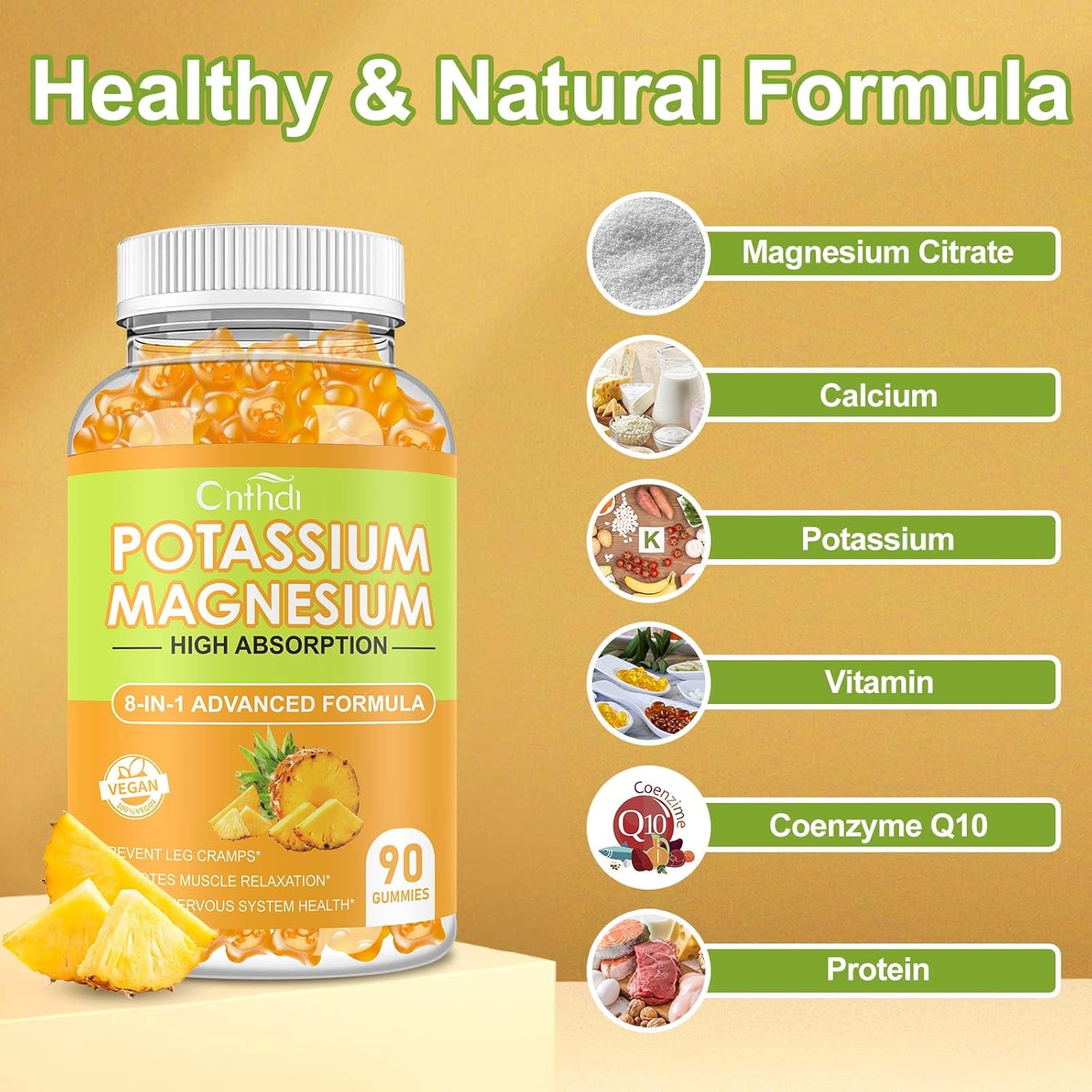 Sugar-Free Potassium Magnesium Gummies - 90 CT Supplement for Adults & Kids - Pineapple Flavor - Promotes Heart & Muscle Health - 99mg Potassium, 400mg Magnesium Citrate - Helps with Leg Cramps
