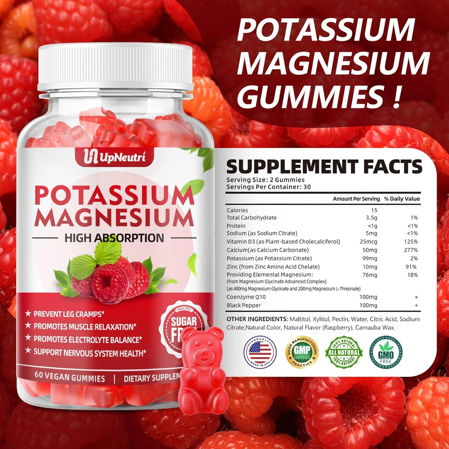 Sugar-Free Potassium Magnesium Gummies for Muscle, Heart Health - Vegan Raspberry Flavor - 60 Count