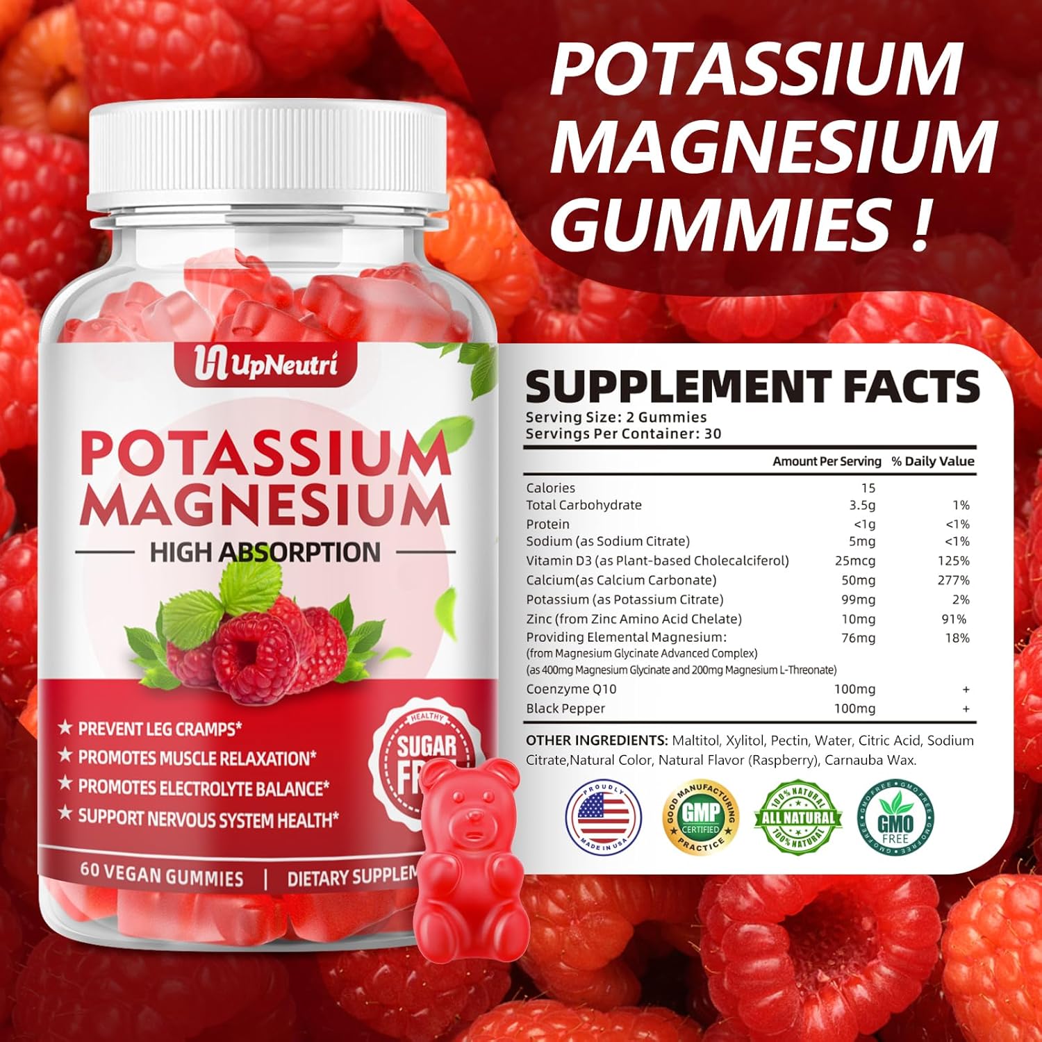 Sugar-Free Potassium Magnesium Gummies for Muscle, Heart Health - Vegan Raspberry Flavor - 60 Count