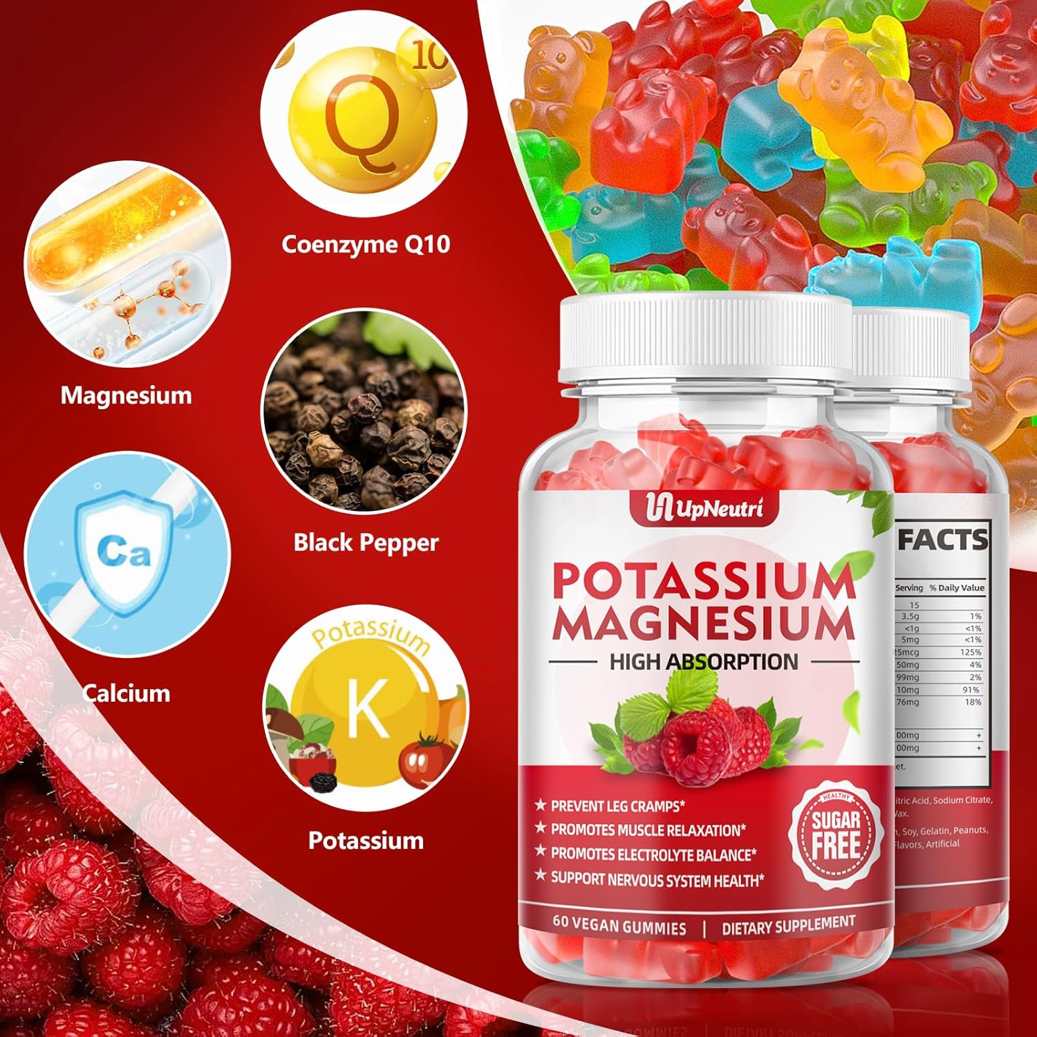 Sugar-Free Potassium Magnesium Gummies for Muscle, Heart Health - Vegan Raspberry Flavor - 60 Count