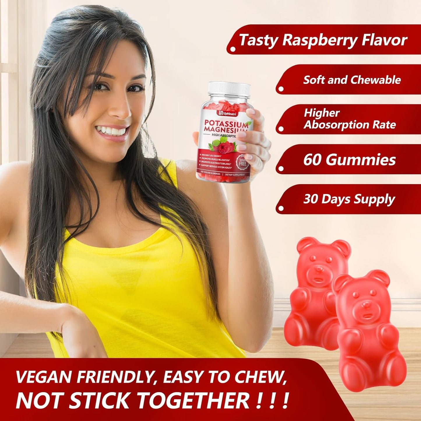 Sugar-Free Potassium Magnesium Gummies for Muscle, Heart Health - Vegan Raspberry Flavor - 60 Count