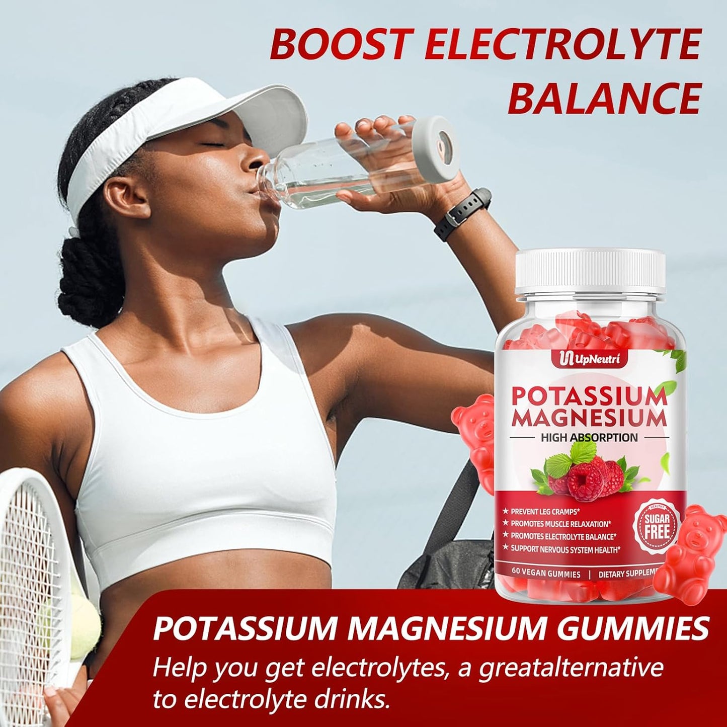 Sugar-Free Potassium Magnesium Gummies for Muscle, Heart Health - Vegan Raspberry Flavor - 60 Count